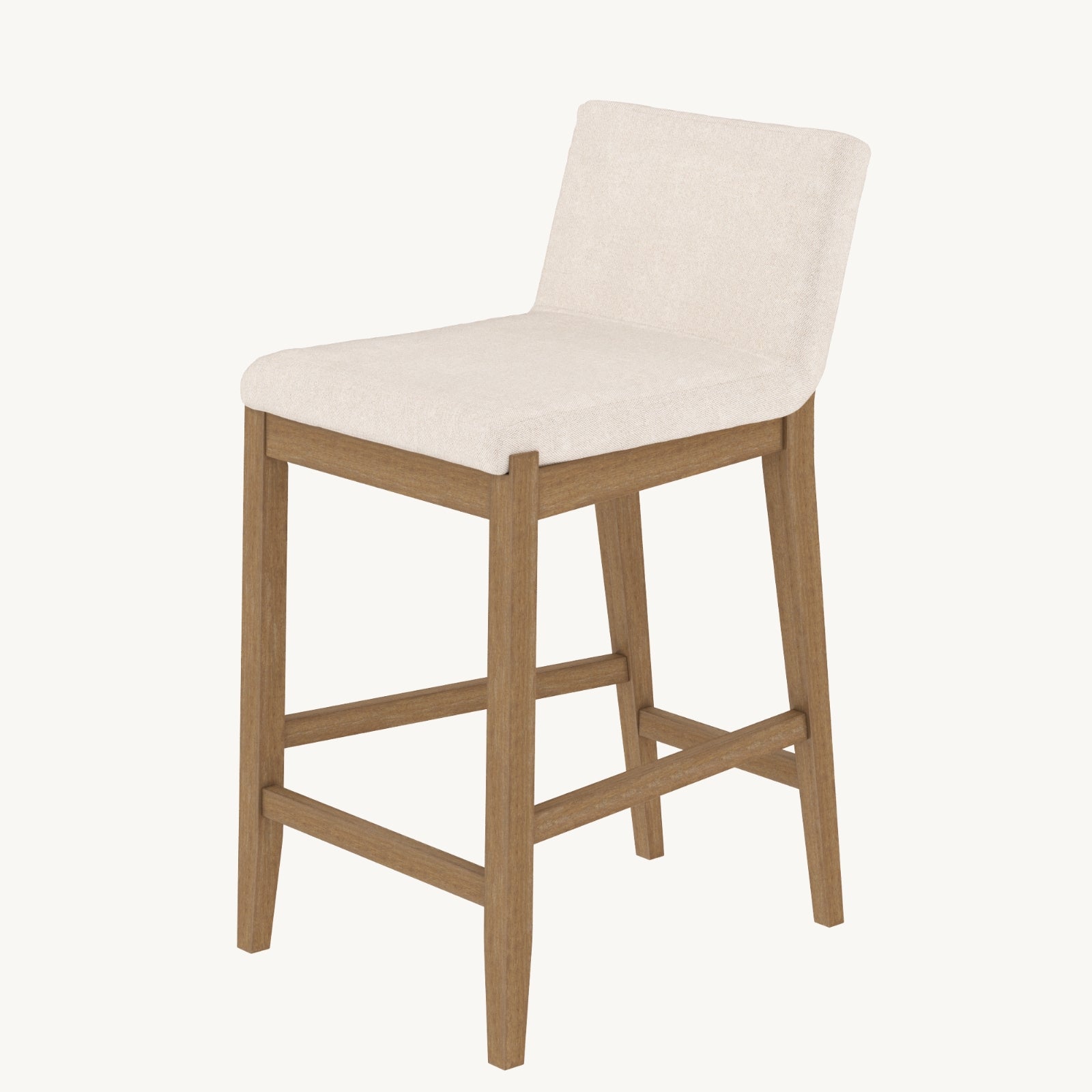 A modern barstool with a light wooden frame and a beige upholstered seat and backrest, shown against a plain white background.