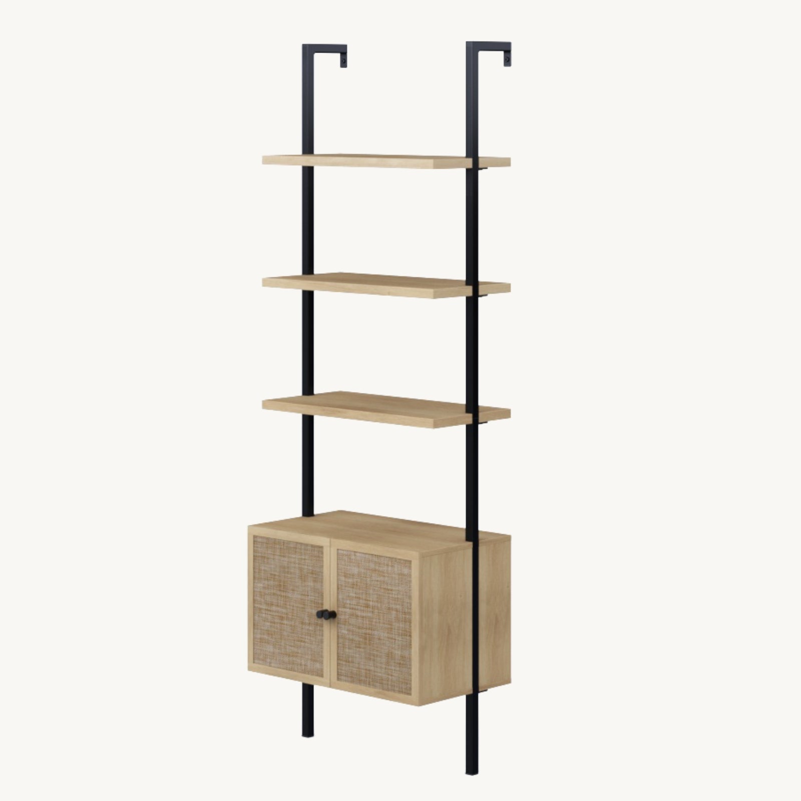 A modern shelving unit with three wooden shelves and a small cabinet at the bottom, supported by two vertical black metal rods.
