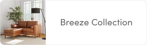 A modern living room with a brown leather sofa, matching ottoman, floor lamp, potted plant, and large windows; beside the image, the text reads “Breeze Collection.”.