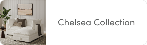 A modern living room with a white sectional sofa, a large abstract painting, and a potted plant, next to the text Chelsea Collection on a white background.