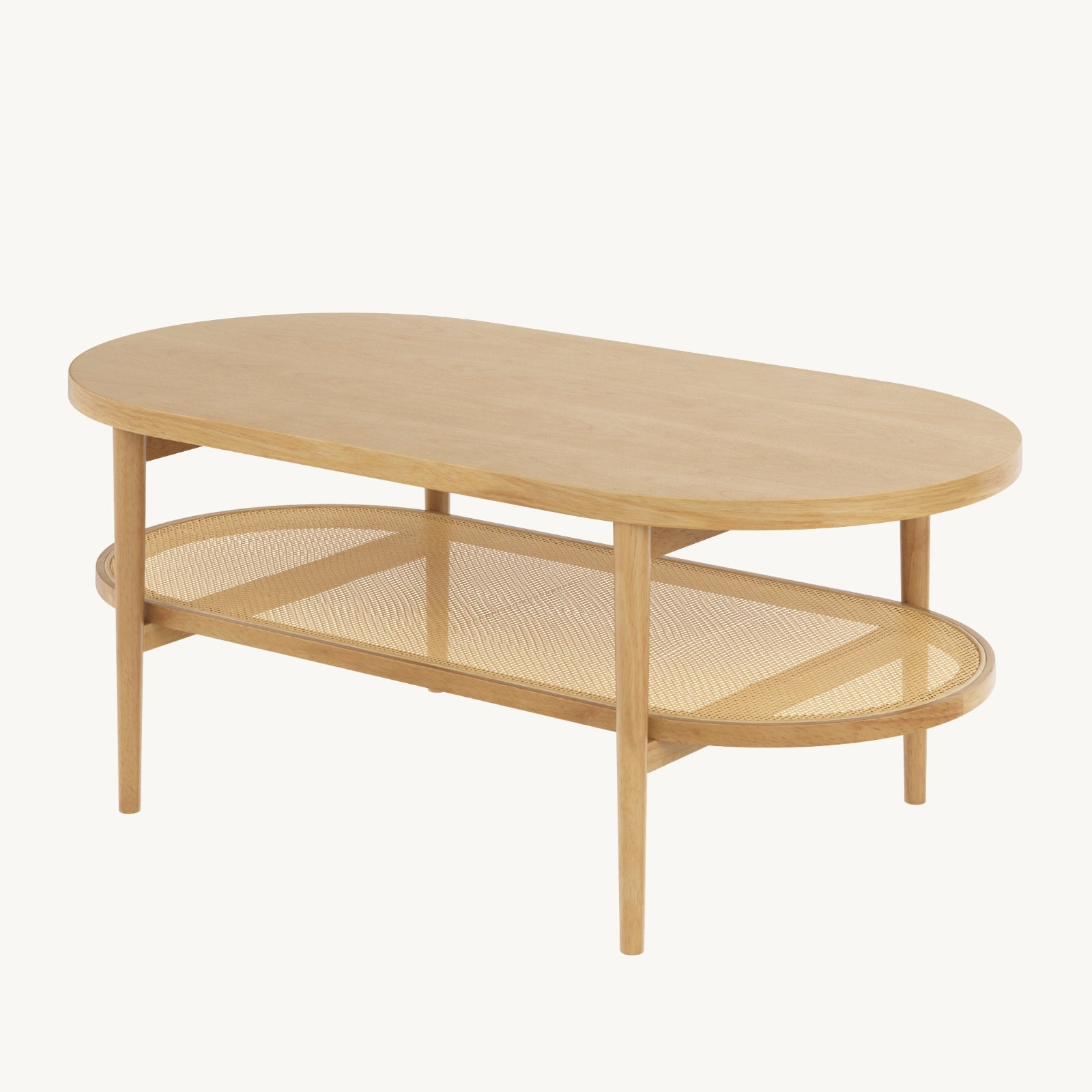 A light wood oval coffee table with four legs and a lower woven rattan shelf, set against a plain white background.