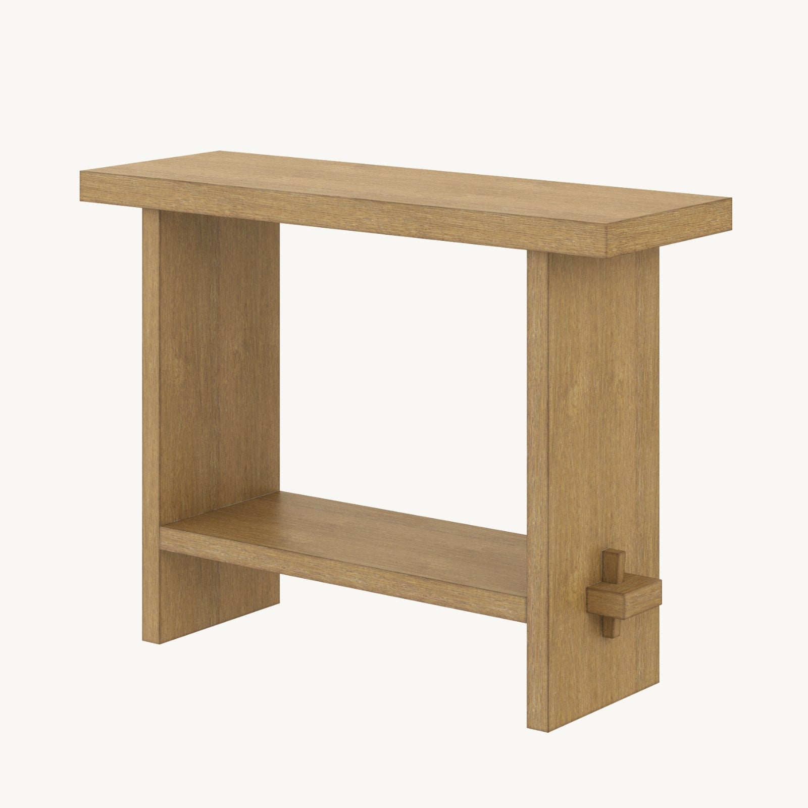 A simple wooden console table with a rectangular top, open sides, a lower shelf, and a cross-shaped detail on one side. The wood has a light, natural finish.