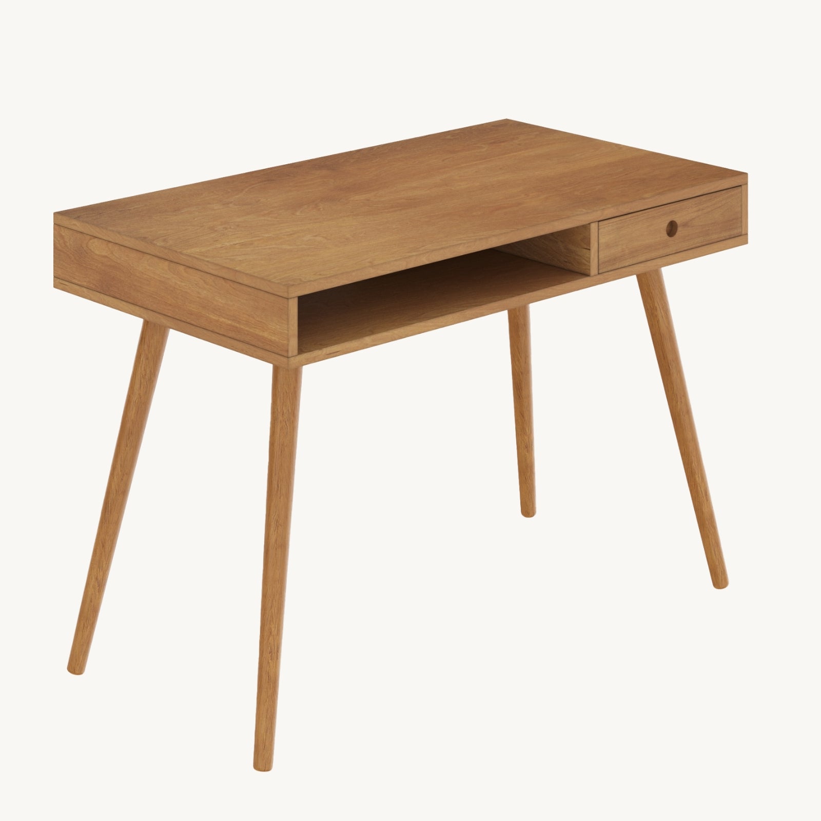 A simple wooden desk with four angled legs, a rectangular surface, an open storage shelf, and a small drawer on the right side. The desk has a natural wood finish.