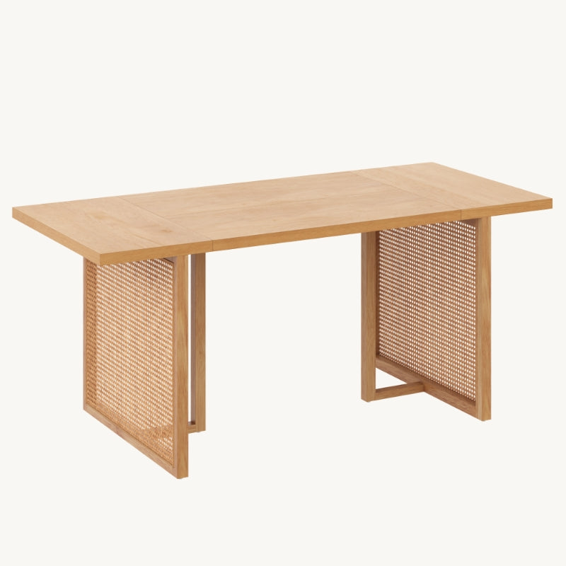 A rectangular wooden table with a smooth top and two panel legs featuring a mesh or lattice design, set against a plain white background.