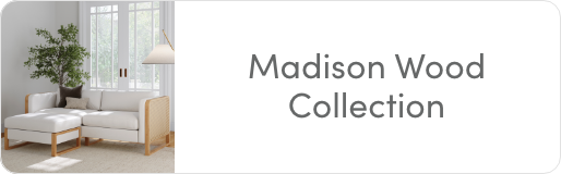 A modern living room with a white sectional sofa, wooden accents, a large window, a green potted plant, and the text “Madison Wood Collection” on a white background.