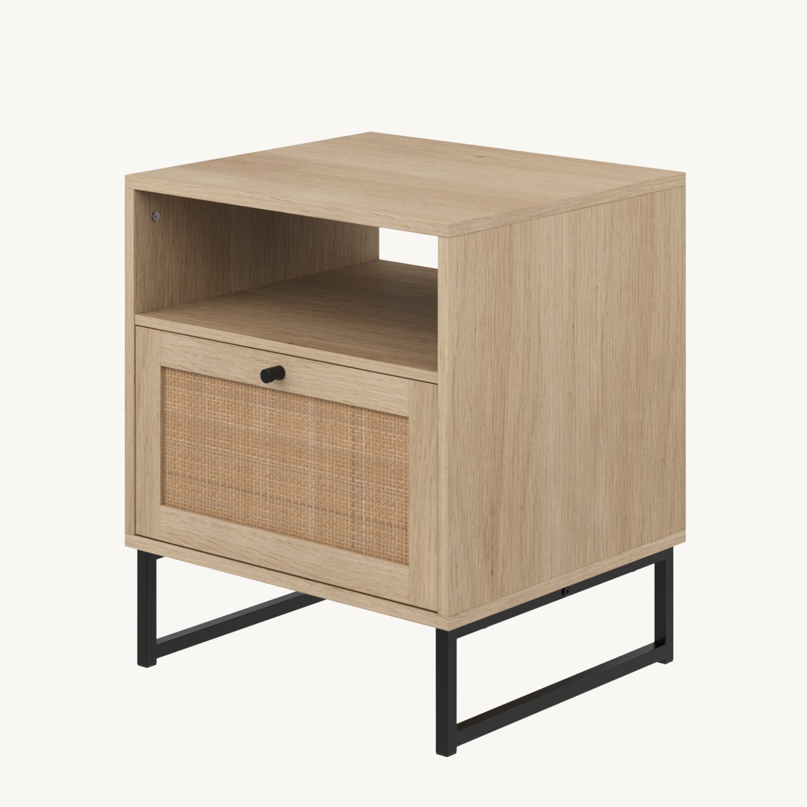 A light wood nightstand with an open shelf, a drawer featuring a woven rattan front and a small black knob, sitting on black metal legs against a plain background.