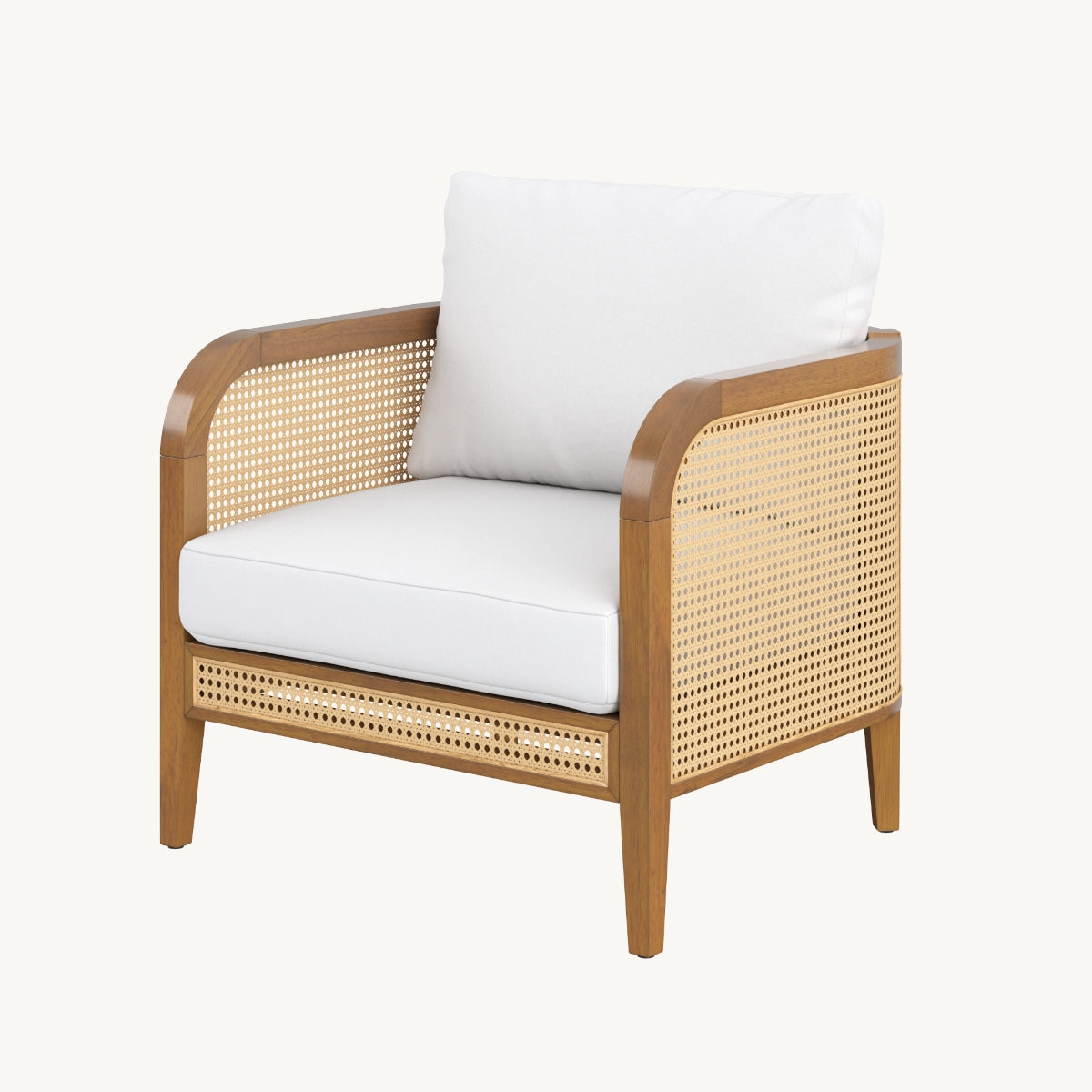 A wooden armchair with light brown frame, cane woven sides and back, and white cushioned seat and backrest, set against a plain light background.