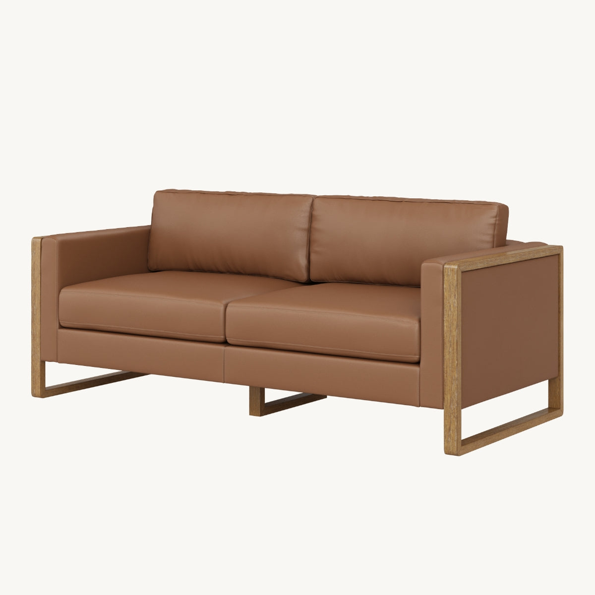 A modern brown leather sofa with wooden armrests and frame, featuring two seat cushions and two back cushions, set against a plain white background.