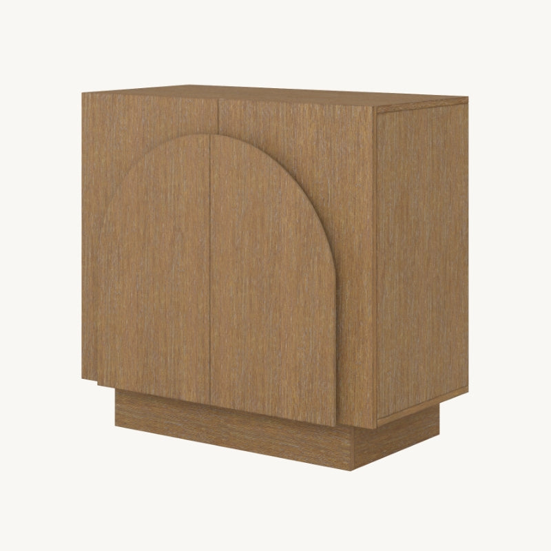 A wooden cabinet with a rectangular shape, featuring two doors with a subtle arched design on the front and a minimalist base, shown against a plain white background.