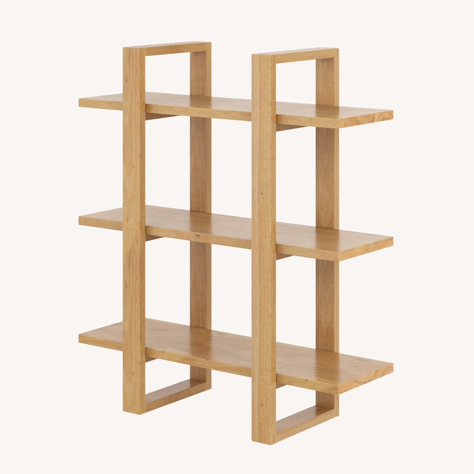 A modern wooden bookshelf with three shelves and an open, geometric frame design, featuring vertical and horizontal panels creating a unique, asymmetric structure.