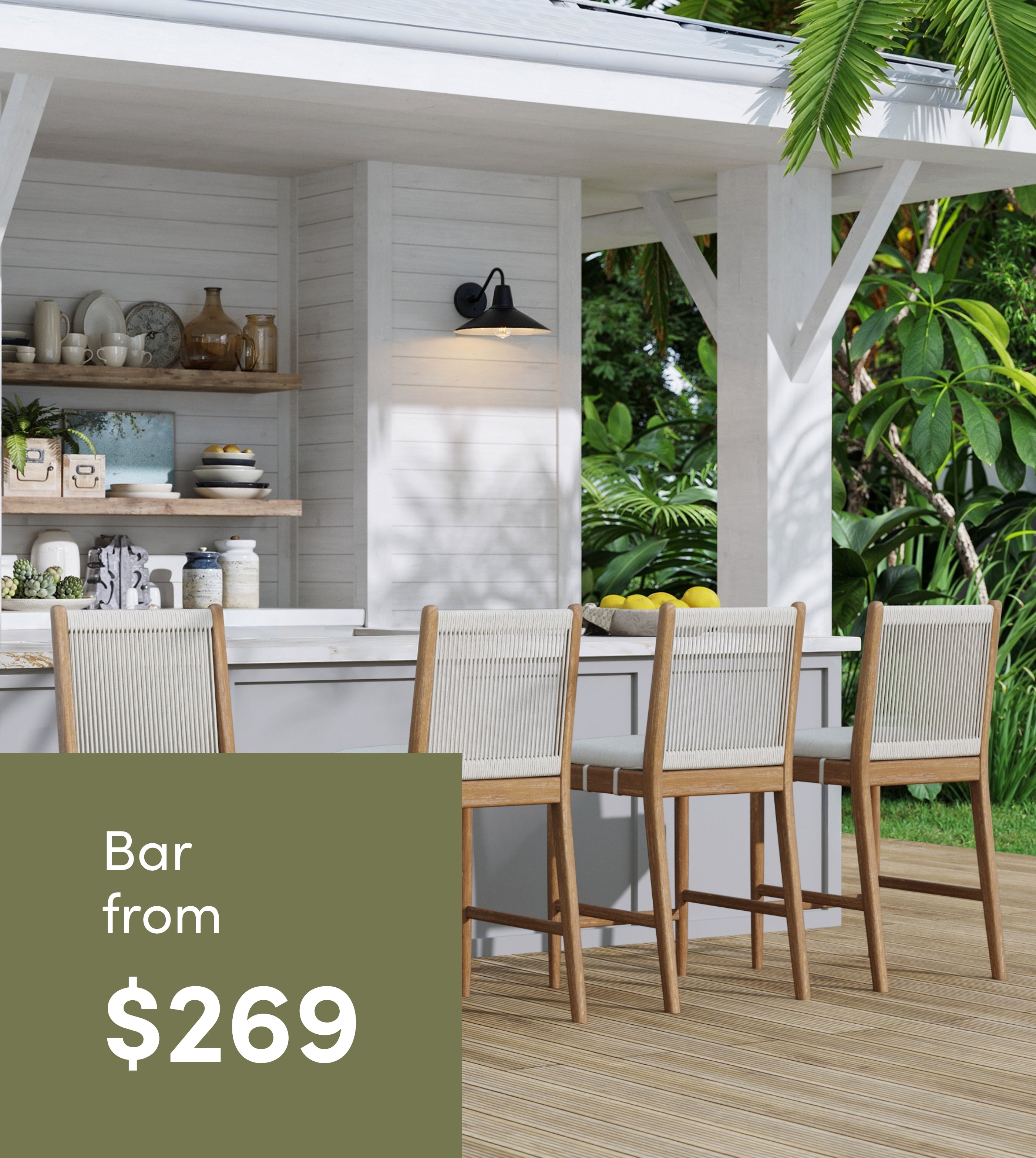 Outdoor bar area with four wooden barstools, white counter, open shelves with dishes, and green plants in the background. Text overlay reads: Bar from $269.