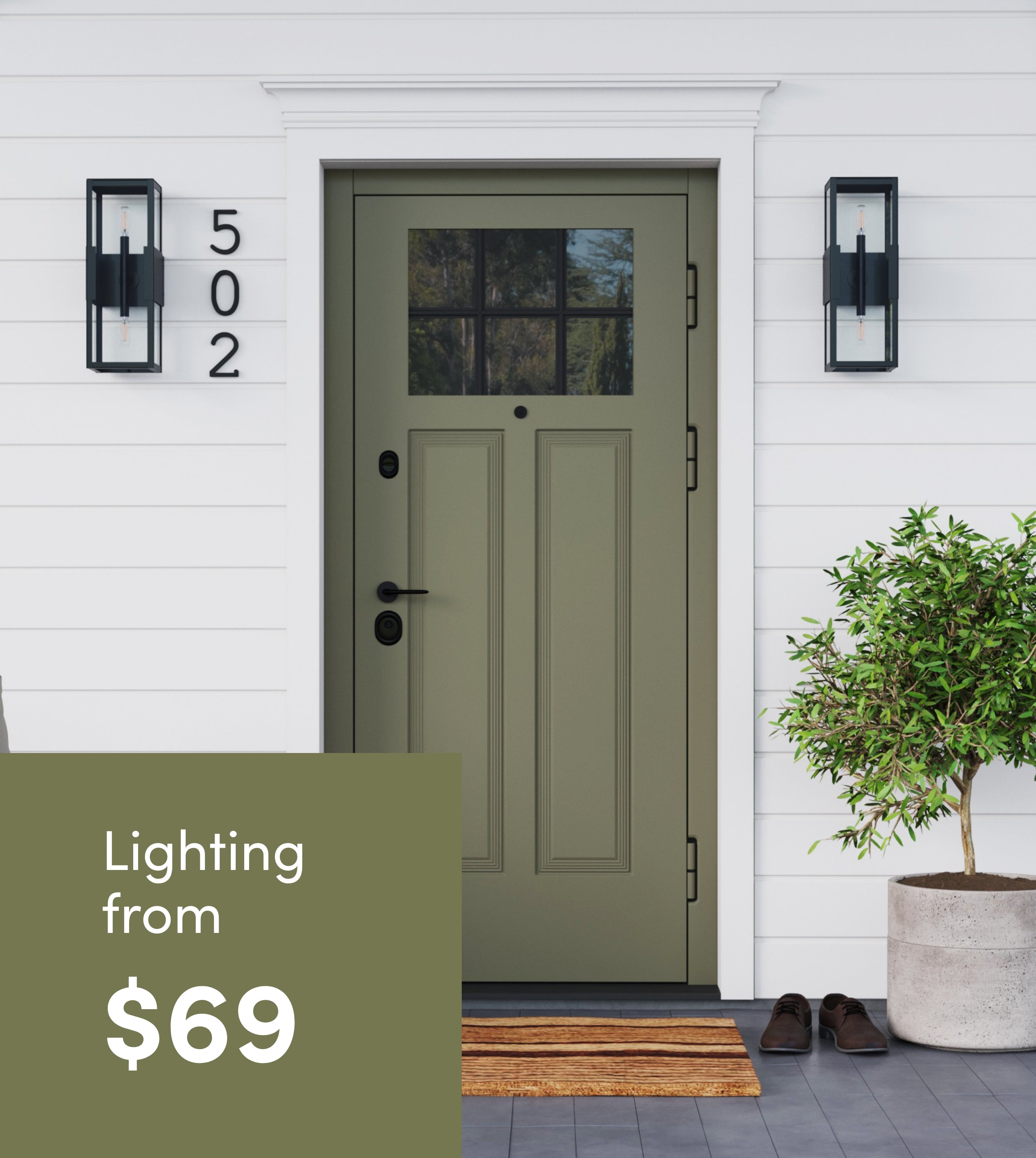A green front door with windows is flanked by two black wall lights on a white house. House number 502 is displayed. A potted plant, doormat, and shoes are by the door. Text reads: Lighting from $69.