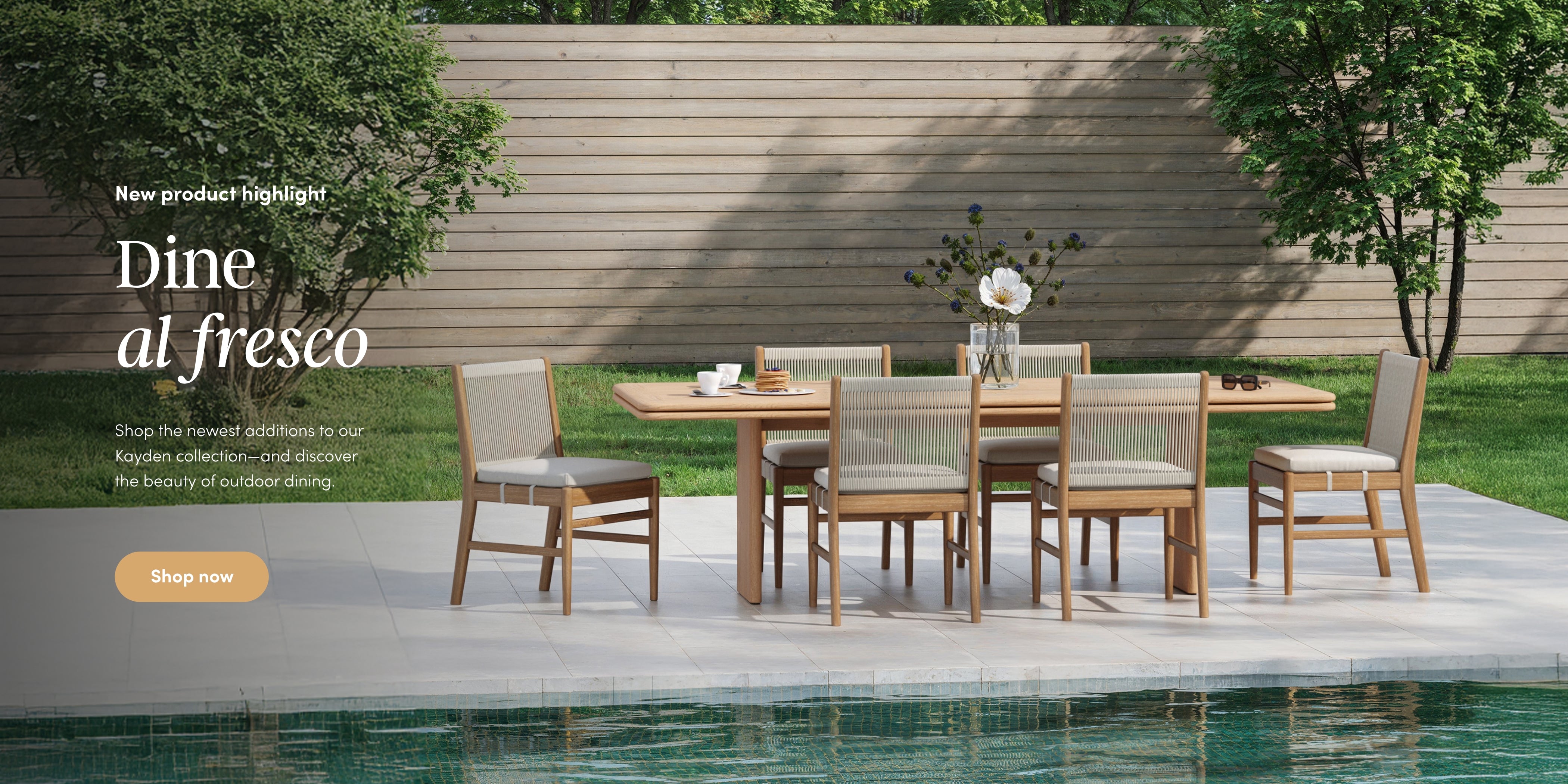 A modern outdoor dining set with six wooden chairs and a table is arranged by a pool on a tiled patio, surrounded by greenery and a wooden privacy fence. A vase with flowers sits on the table. Text promotes outdoor dining.