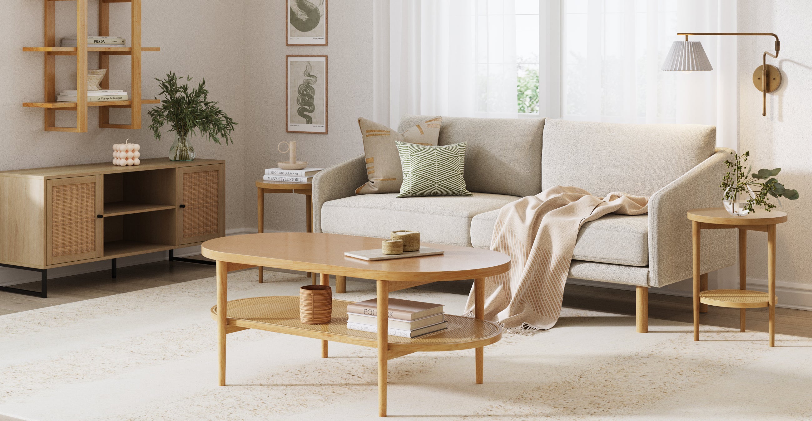 A cozy living room with a beige sofa, patterned pillow, and a tan throw blanket. A wooden coffee table, side table, and media console are present, along with plants, wall art, and soft natural light from a window.