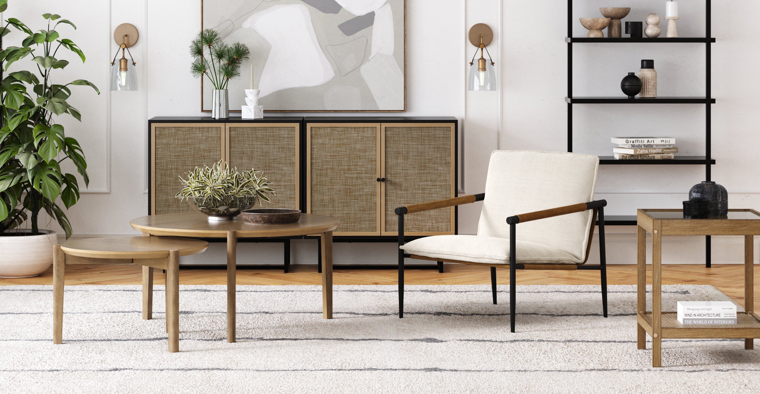 A modern living room with a light armchair, round wooden coffee table, bench, black shelving, potted plant, abstract wall art, and neutral decor on a light rug.