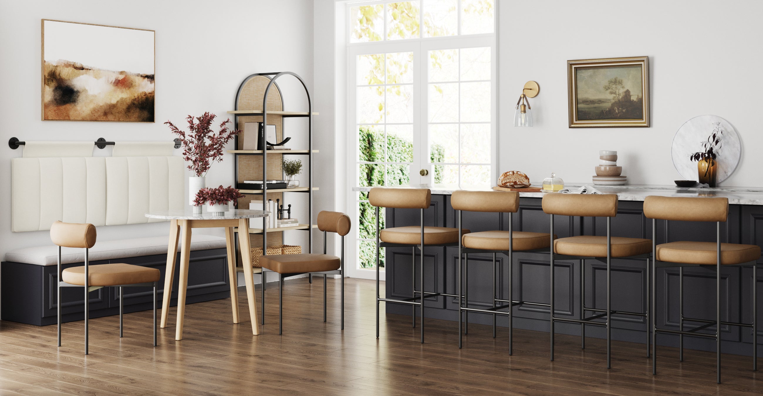 Modern kitchen and dining area with tan chairs, a marble-top dining table, a black kitchen island with barstools, large windows, light wood floors, and minimalist decor including abstract and landscape art.