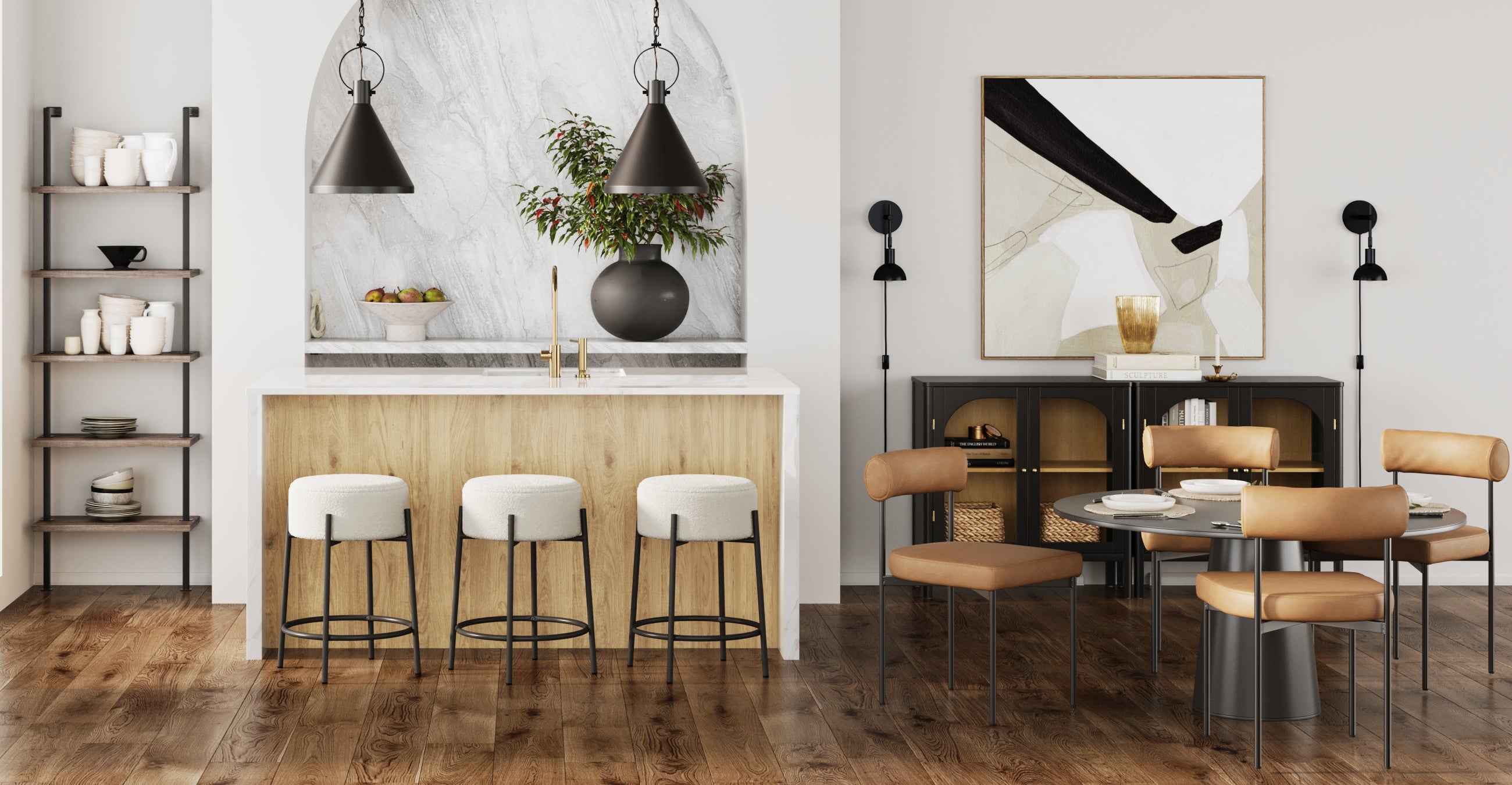 Modern kitchen and dining area with wood flooring, marble backsplash, a light wood island with three stools, contemporary pendant lights, a round dining table with tan chairs, open shelving, and abstract art on the wall.