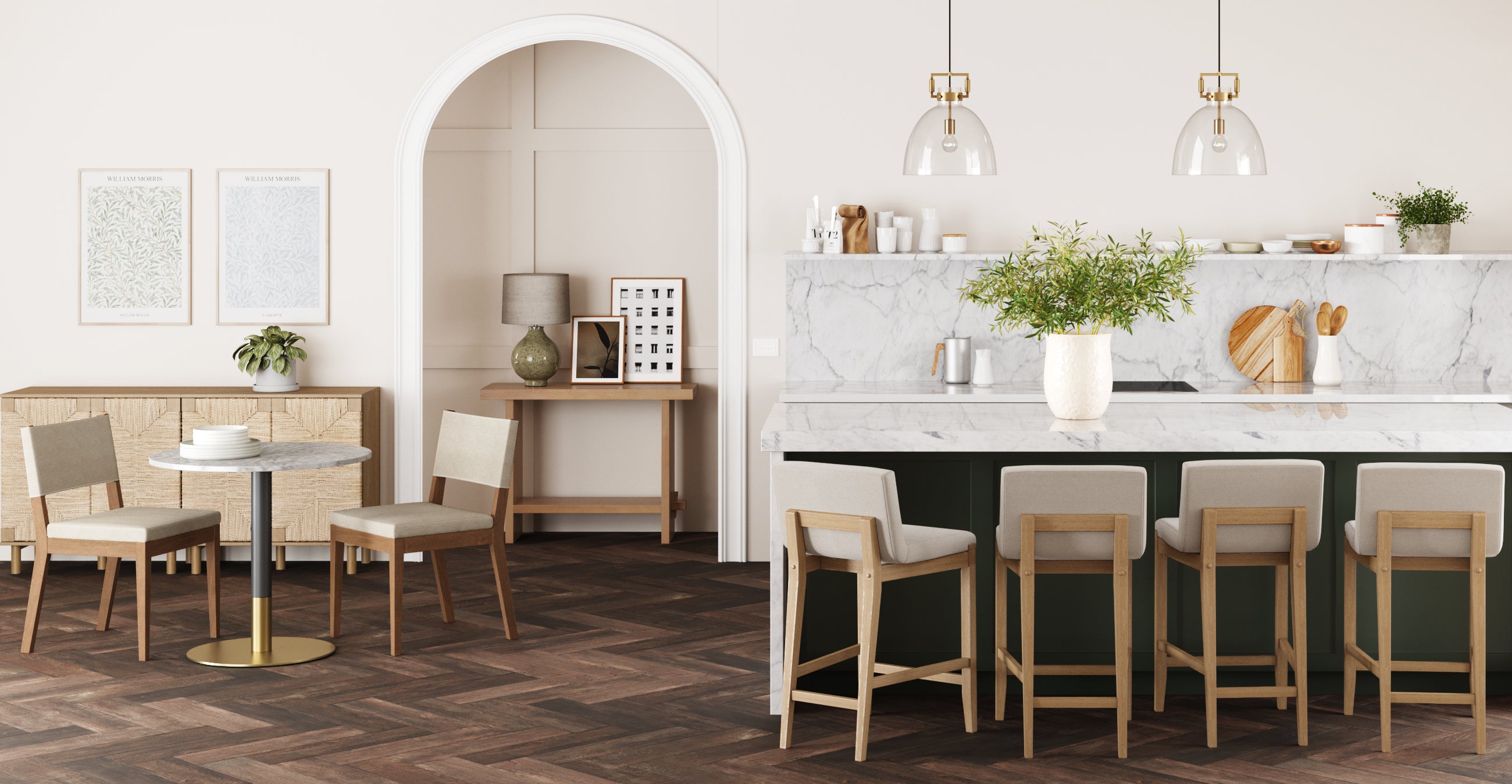 Modern kitchen and dining area with herringbone wood floors, marble island with four bar stools, pendant lights, round table with two chairs, and minimalist decor including framed art and potted plants.