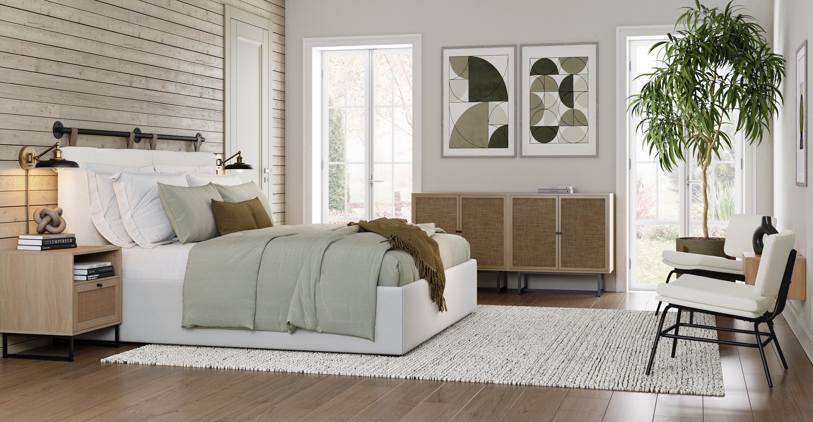 Modern bedroom with a white platform bed, sage green bedding, two nightstands, a large plant, abstract art on the wall, a textured rug, and large windows letting in natural light.