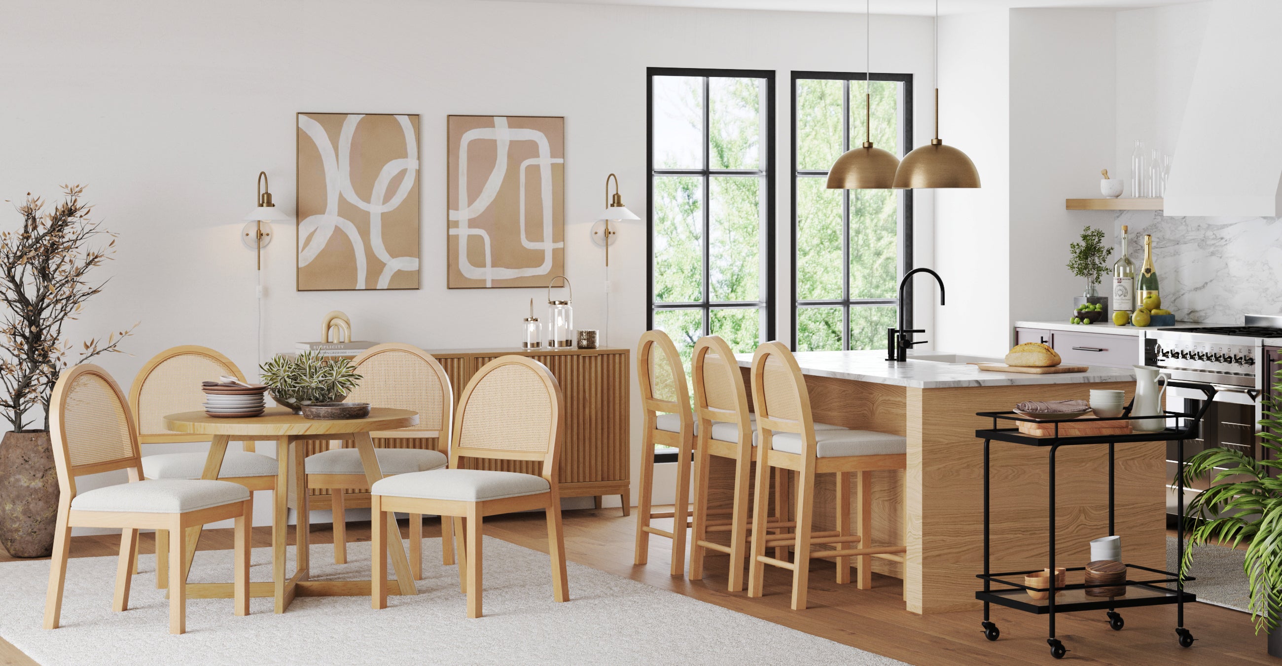 A modern dining and kitchen area with light wood furniture, a round dining table with four chairs, a kitchen island with stools, pendant lights, abstract wall art, and large windows letting in natural light.