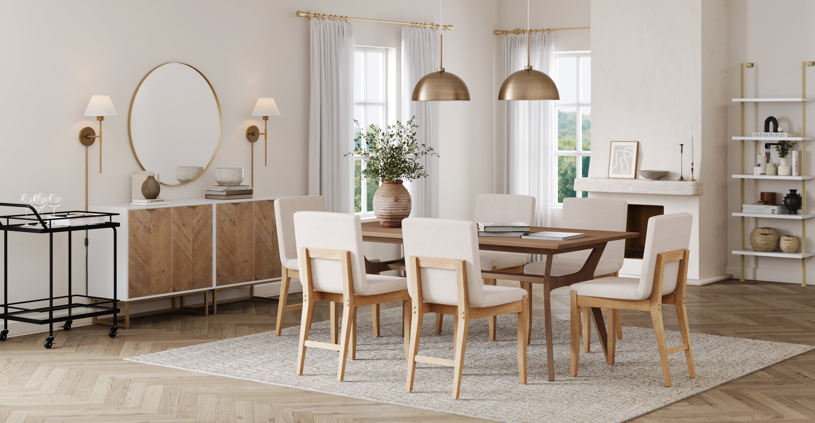 Modern dining room with a wooden table surrounded by six cream-colored chairs, a light patterned rug, gold pendant lights, a sideboard, wall mirror, decorative vases, and large windows with white curtains.