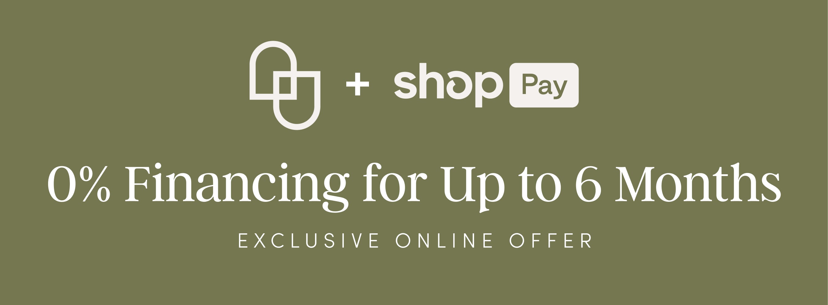 Green banner showing two logos and shop Pay, with text: 0% Financing for Up to 6 Months. Exclusive Online Offer.
