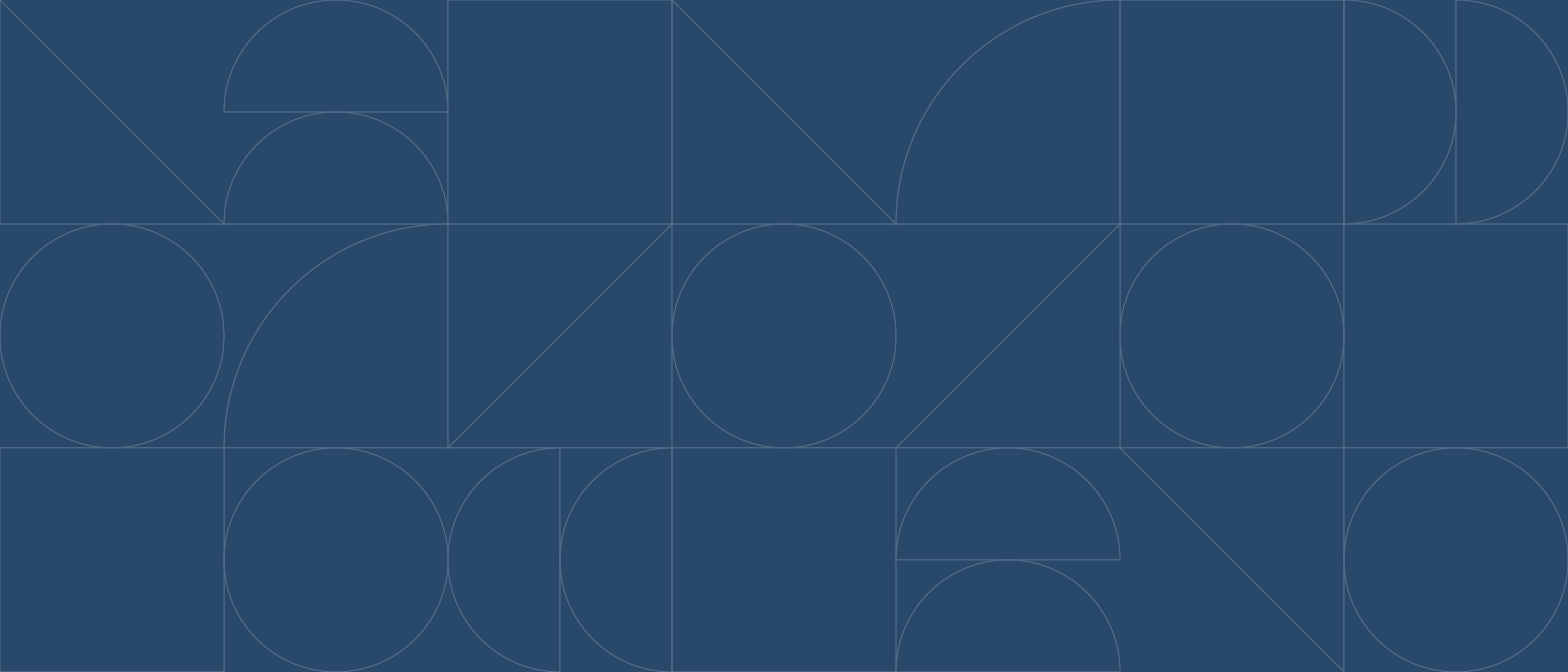 A dark blue background with a geometric pattern of thin, light blue lines forming semi-circles, circles, triangles, and rectangles in a grid layout.