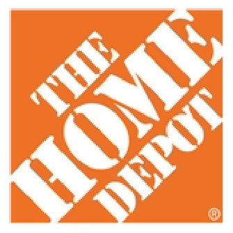 The Home Depot logo featuring the store name in bold white stencil-style letters on an orange square background, with the text arranged diagonally.