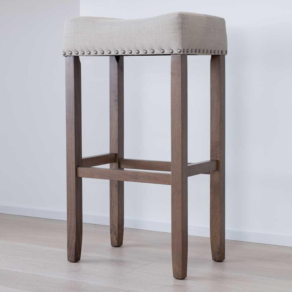 Wood Upholstered Saddle Seat Bar Stool Medium Brown-Beige-Pewter