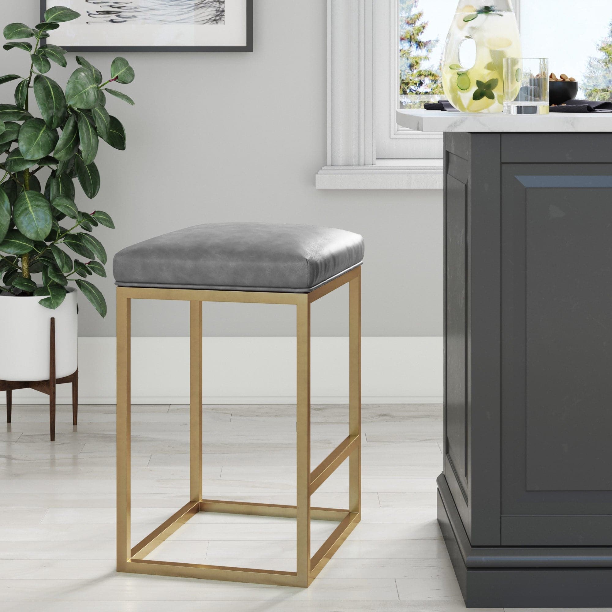 Faux Leather Bar Stool Pewter & Chrome Gold