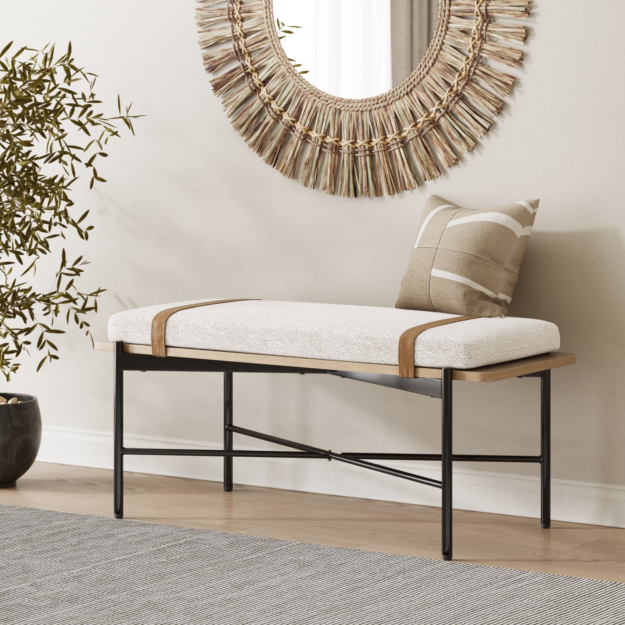 Boucle, Wood & Metal Removable Cushion Bench