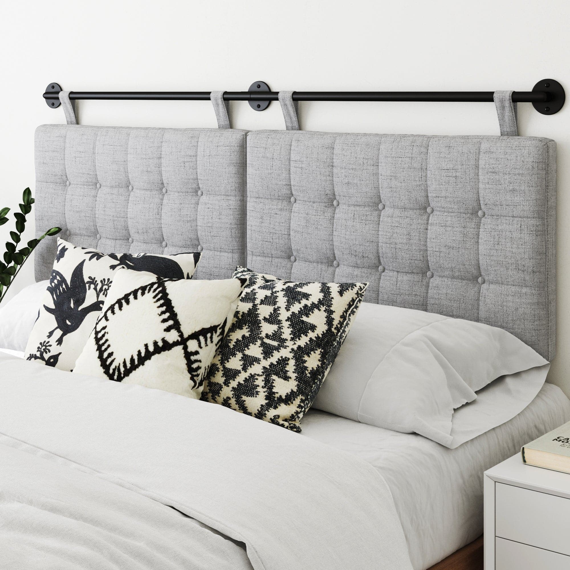 Button Tufted Wall Mount Headboard Feather Gray-Matte Black