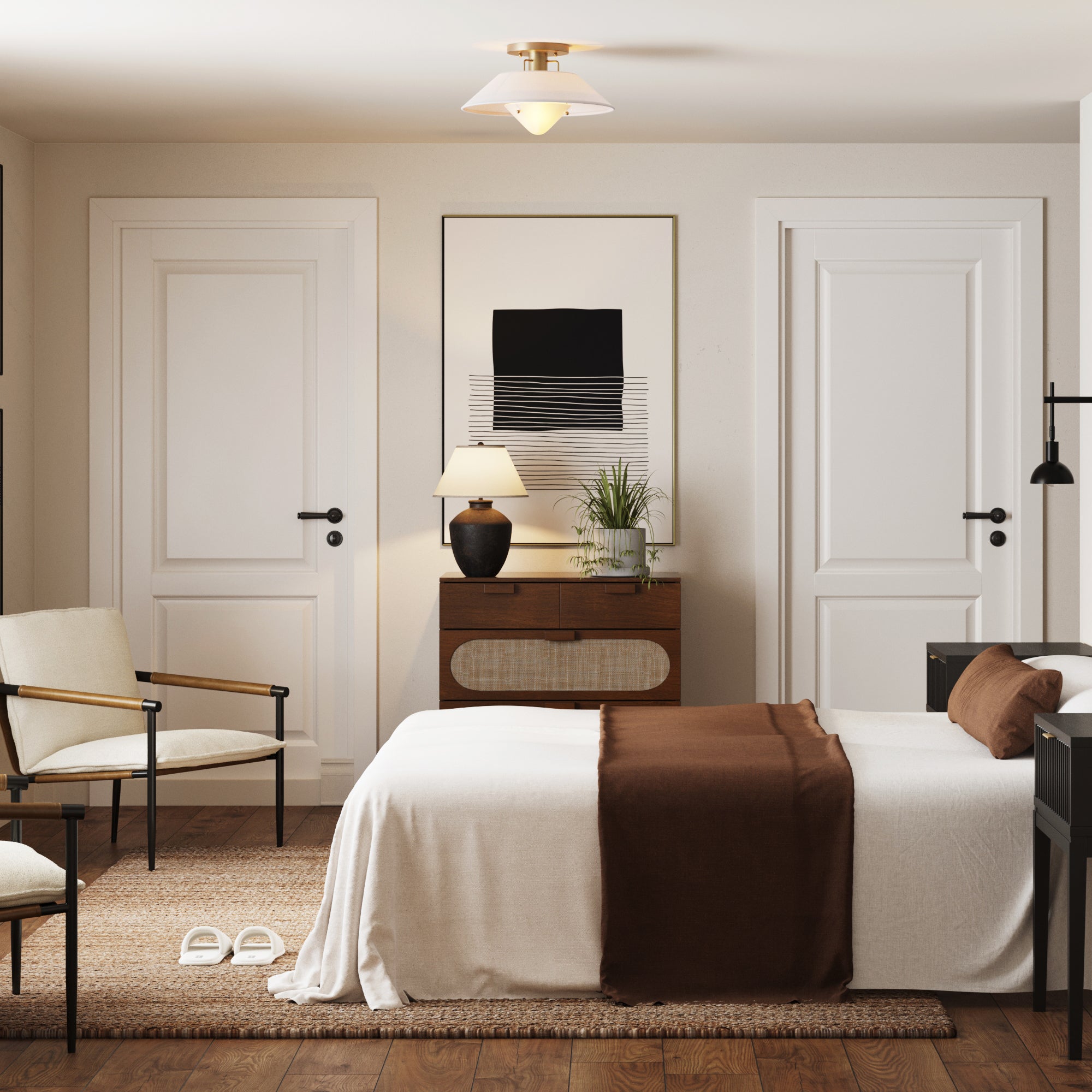 A modern bedroom with a white bed and brown accents, two armchairs, a wooden dresser with a lamp and plants, and two closed white doors. Minimalist decor and neutral colors create a cozy, stylish atmosphere.