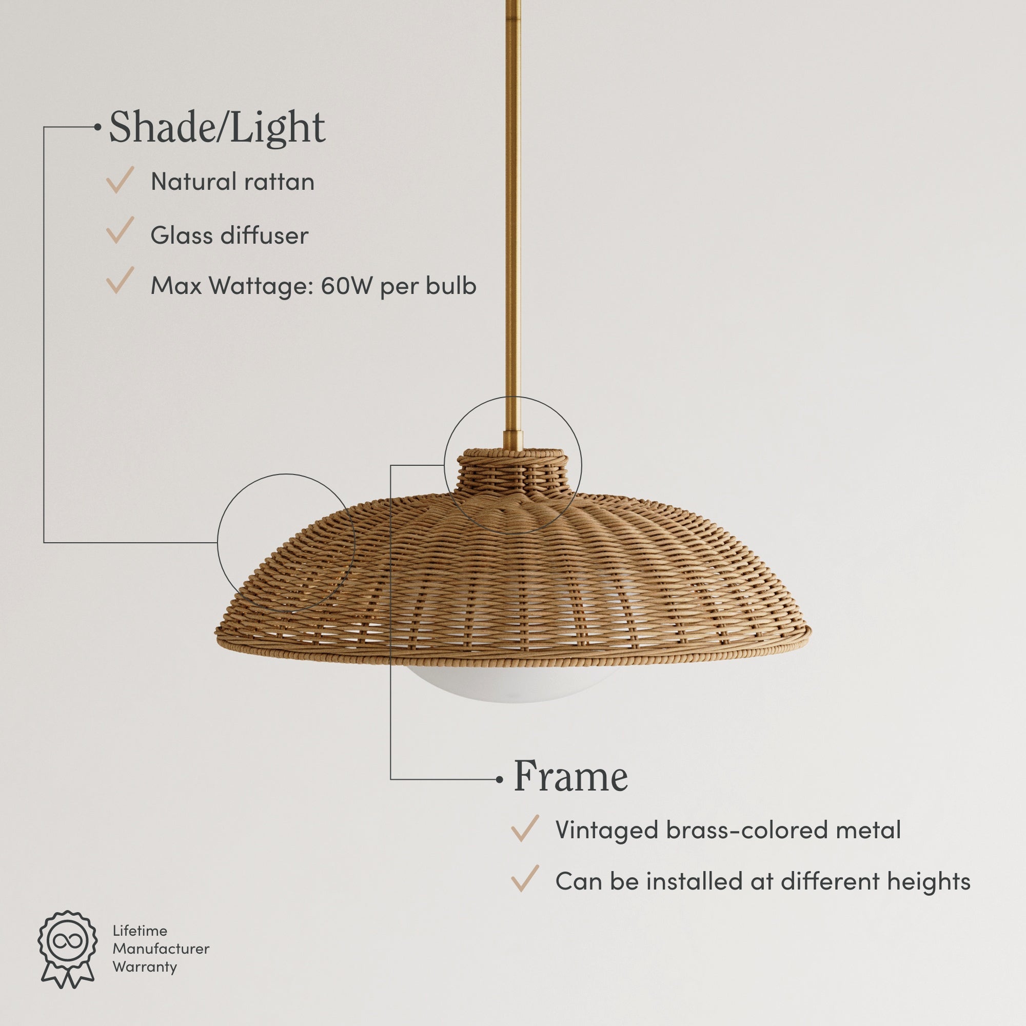 A pendant light with a woven natural rattan shade, glass diffuser, brass-colored metal frame, and a hanging rod. Text highlights shade details, wattage, adjustable height, and lifetime manufacturer warranty.