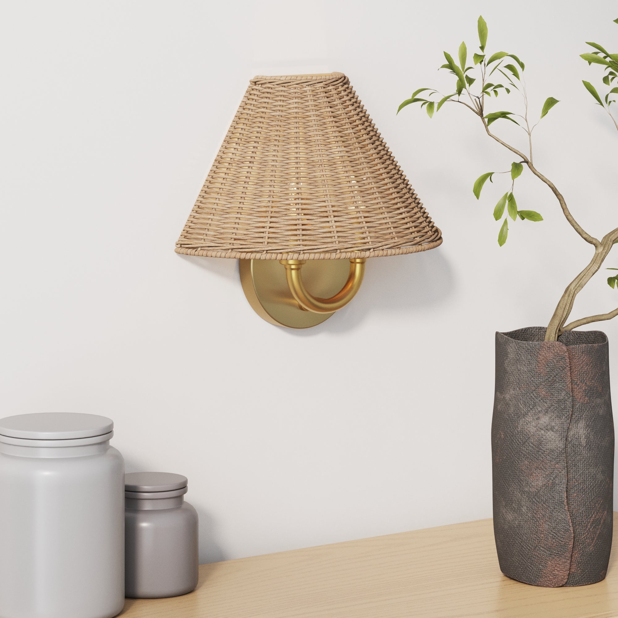 Modern Farmhouse Wall Light with Rattan Shade | Nathan James