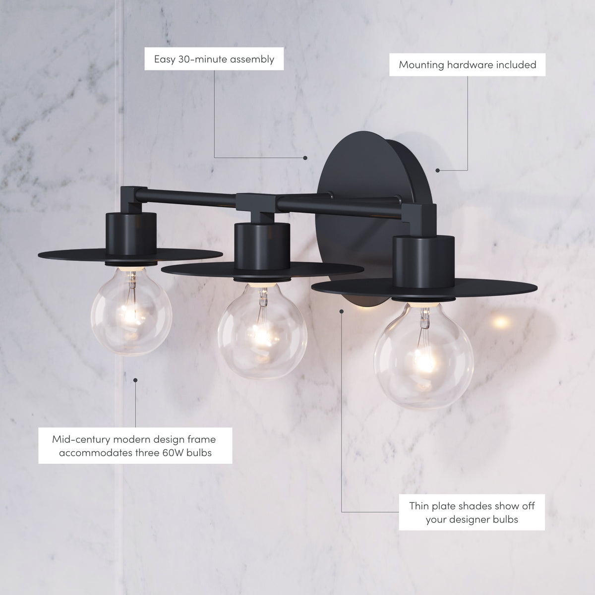Pattinson MidCentury Bathroom Black Vanity Light Nathan James