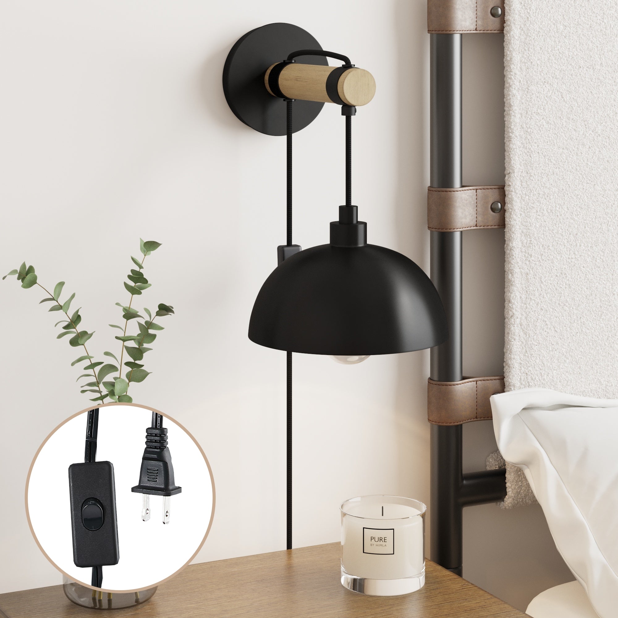 Metal Hanging Plug-in Wall Light Black