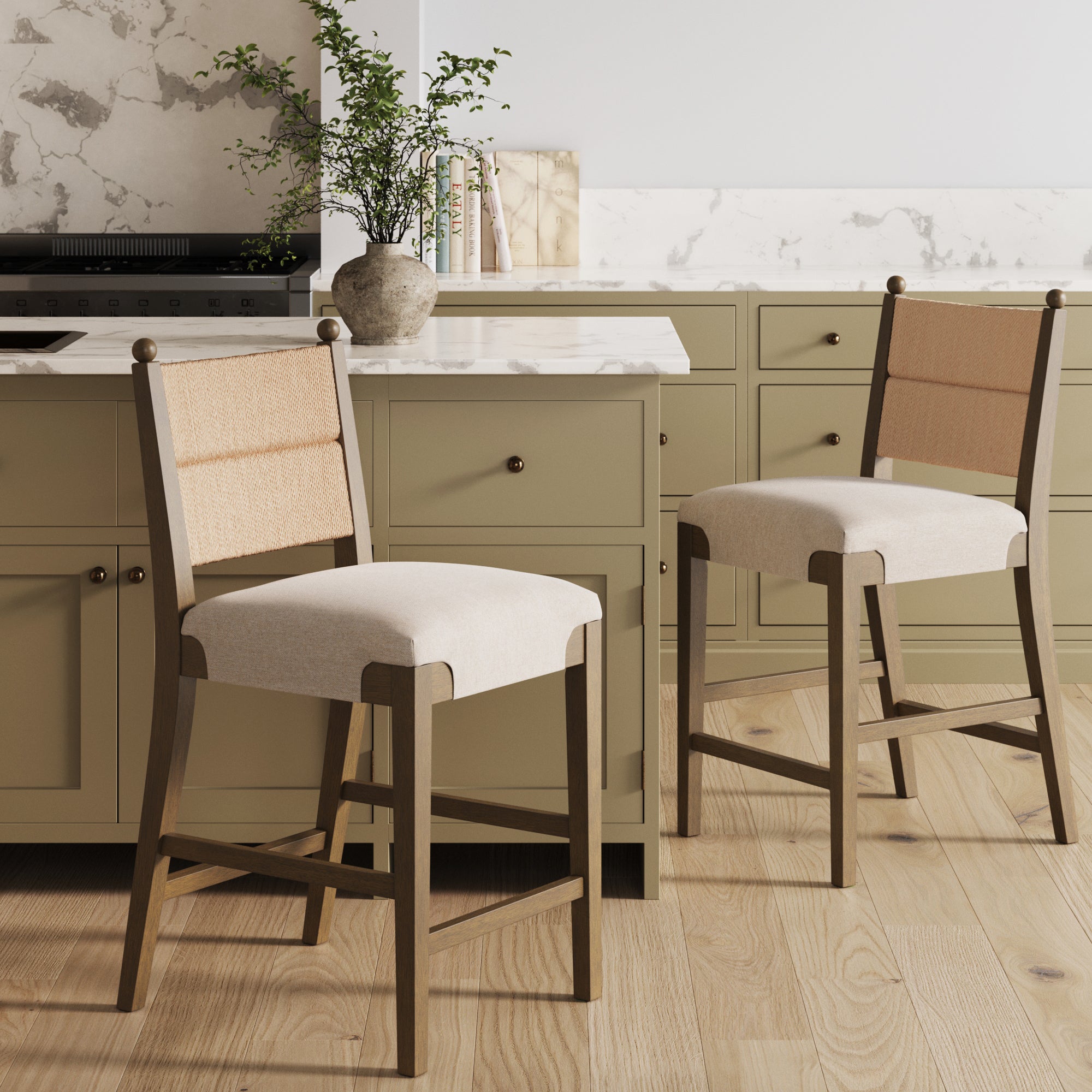 Modern Seagrass Counter Stool Upholstered Dark Brown (Set of 2) - Nathan James