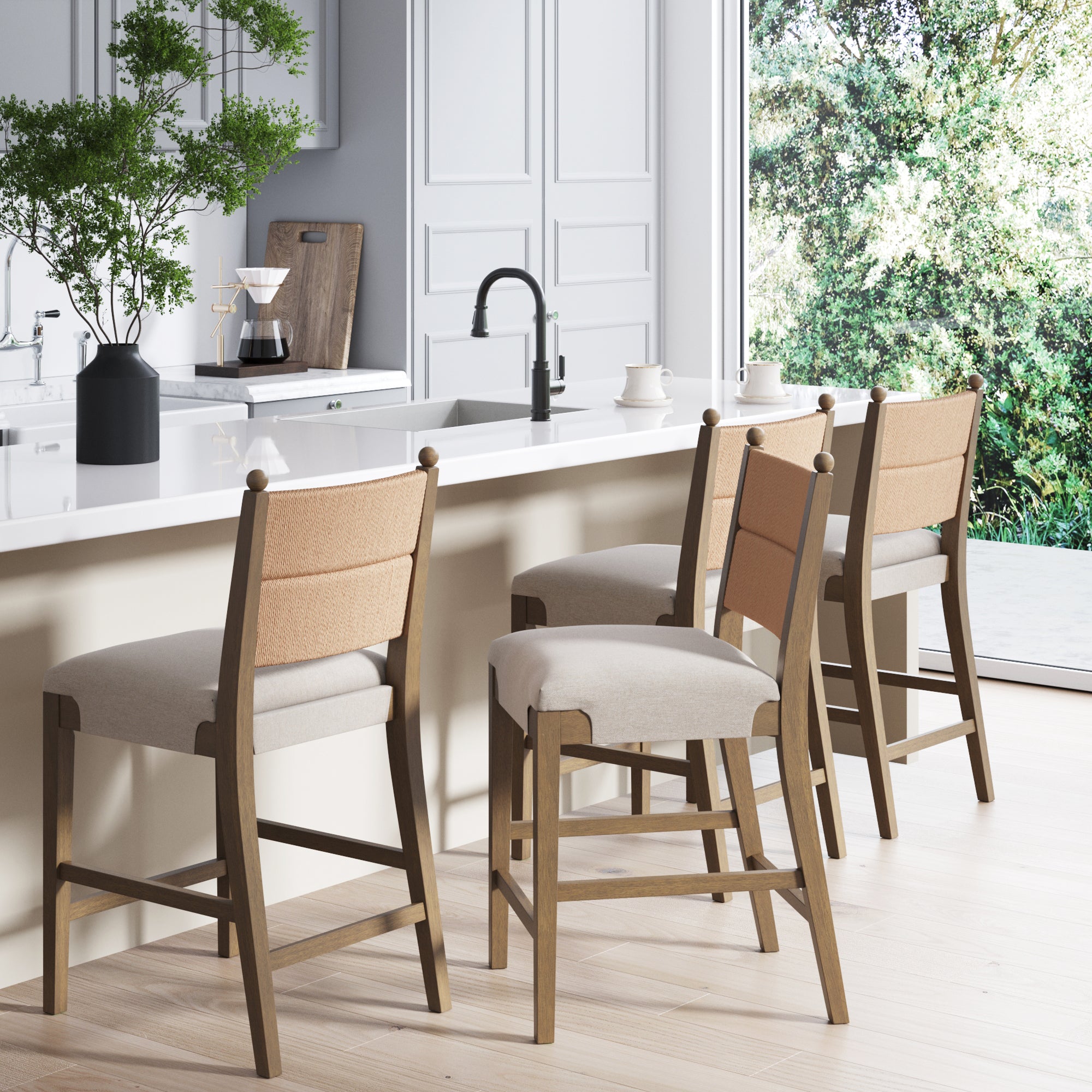 Modern Seagrass Counter Stool Upholstered Dark Brown (Set of 4) - Nathan James