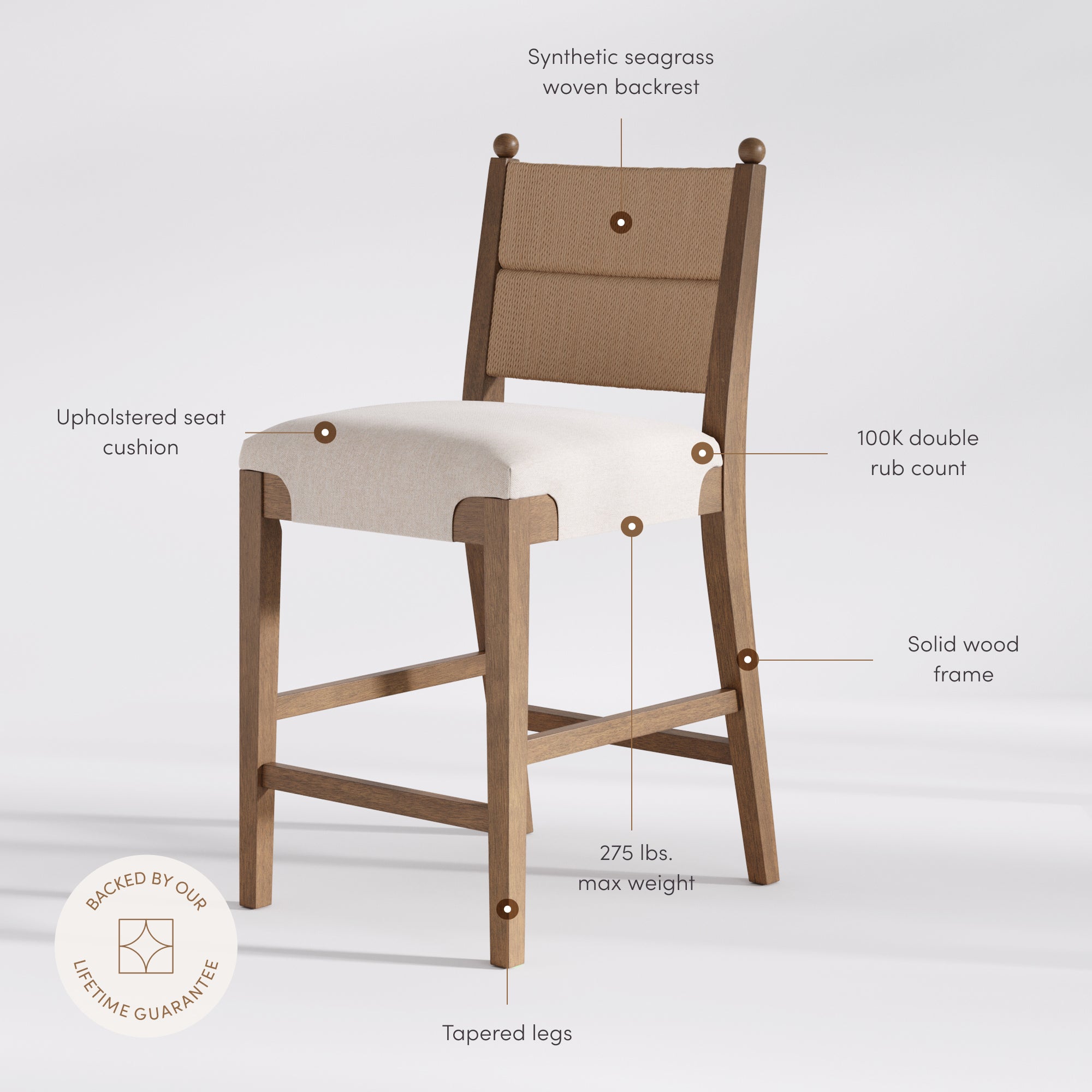 Modern Seagrass Counter Stool Upholstered Dark Brown (Set of 4) - Nathan James