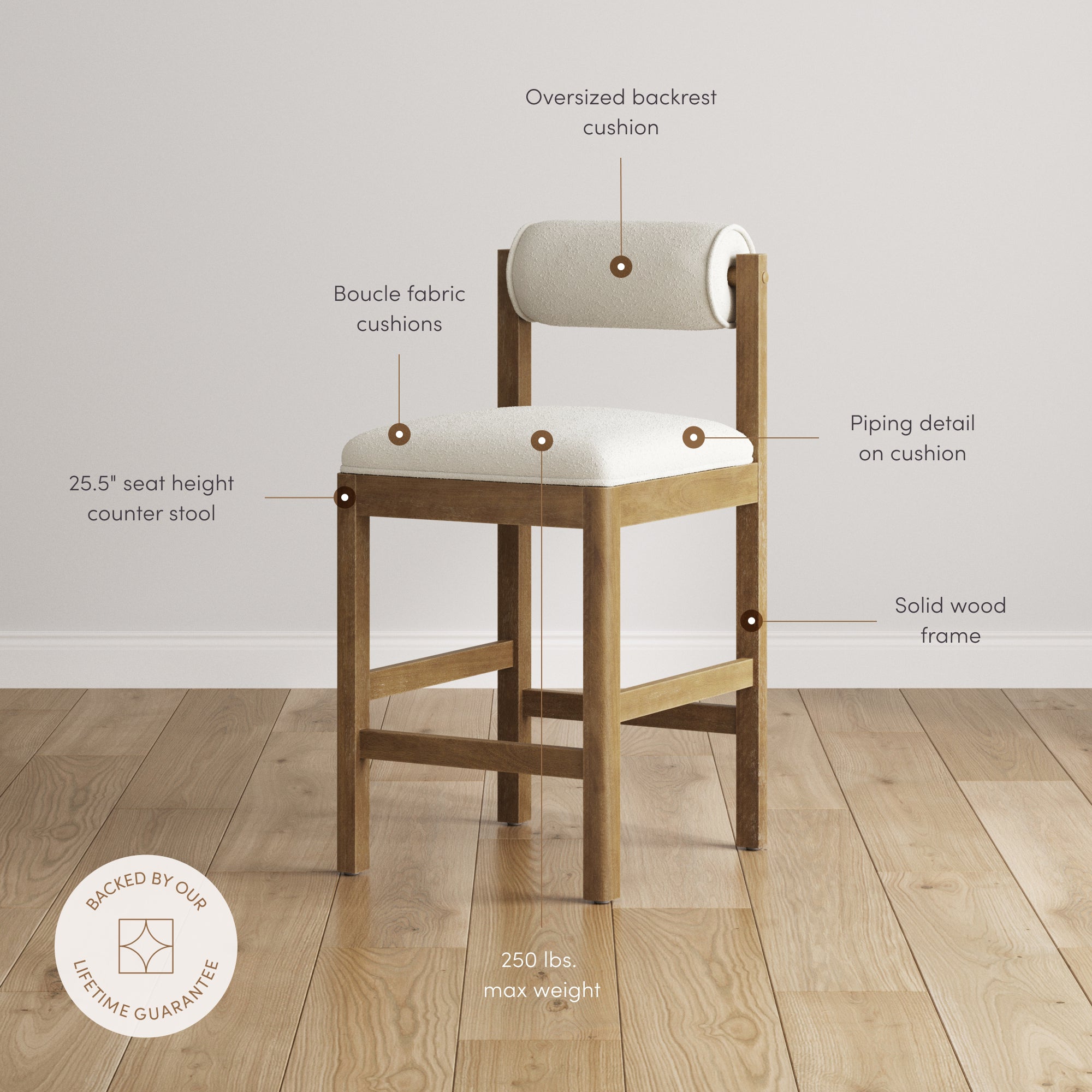 Kimberly Bar Stool Wood Boucle Cream Set of 3 | Nathan James