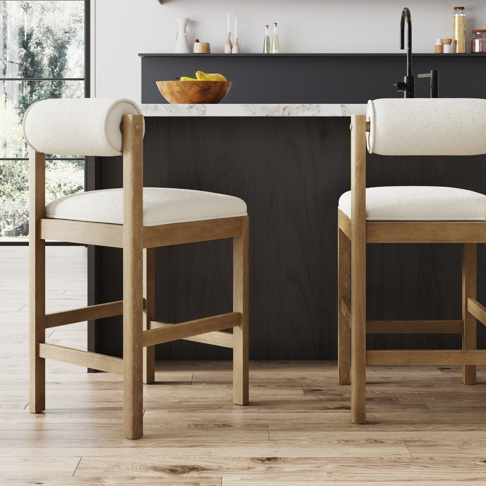 Modern Wood & Boucle Bar Stool with Bolster Back Cream/Light Brown - Nathan James