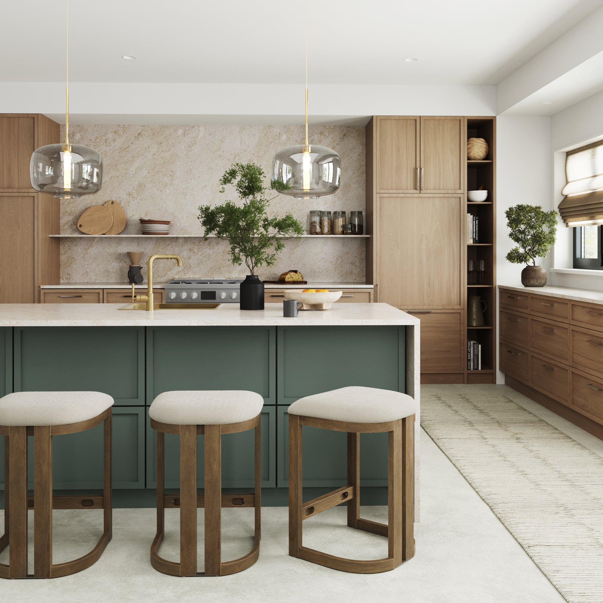 A modern kitchen features wood cabinets, a green island with gold faucet, three Nathan James Barrel Wooden Backless Bar Stools in light brown, pendant lights, indoor plants, light countertops and backsplash, large windows, and open shelving for an airy feel.