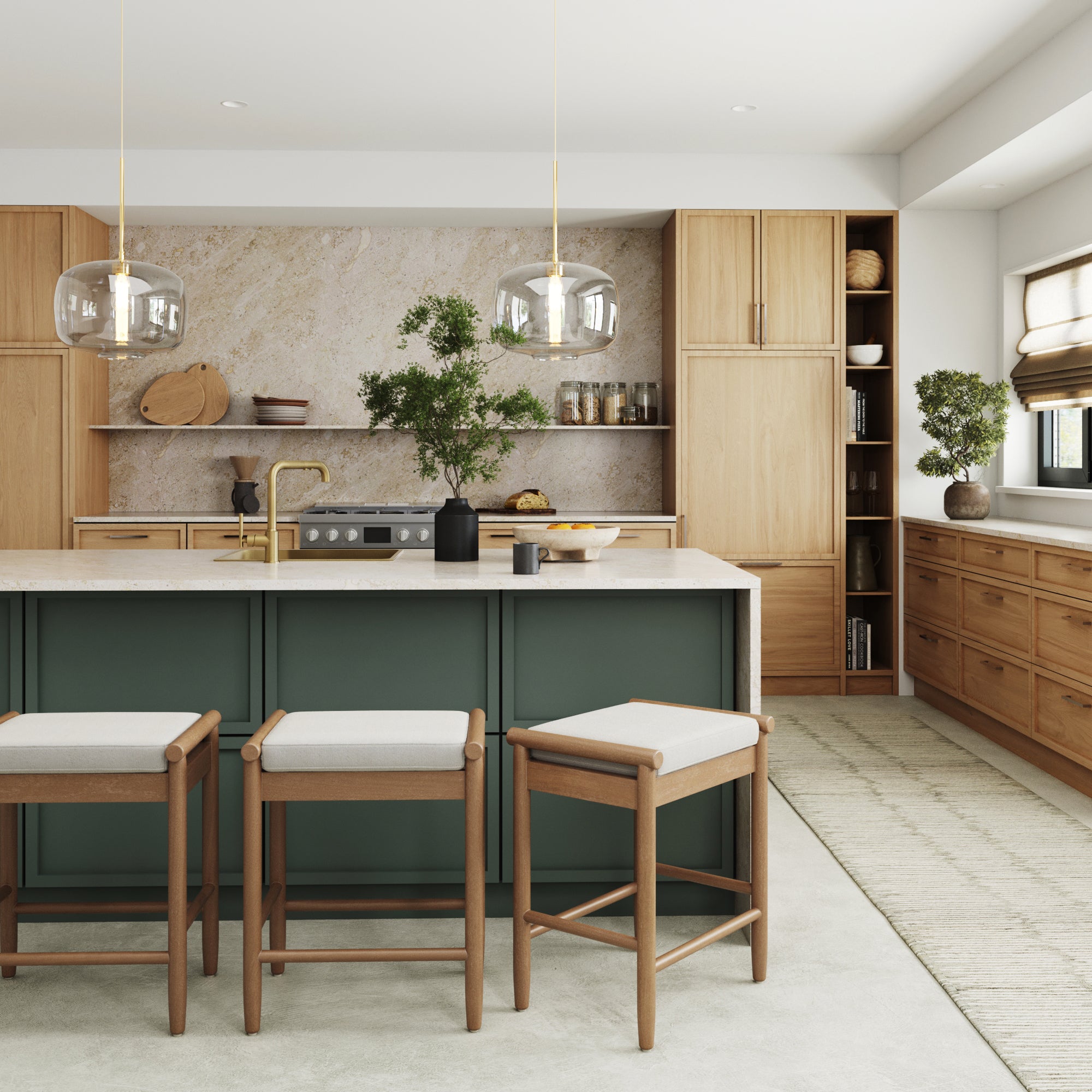 Modern kitchen with natural wood cabinets, a green island with a white countertop, three Nathan James Backless Wooden Bar Stools with Boucle Upholstery in light brown, pendant lights, green plants, and roman shades. The space is bright and elegant.