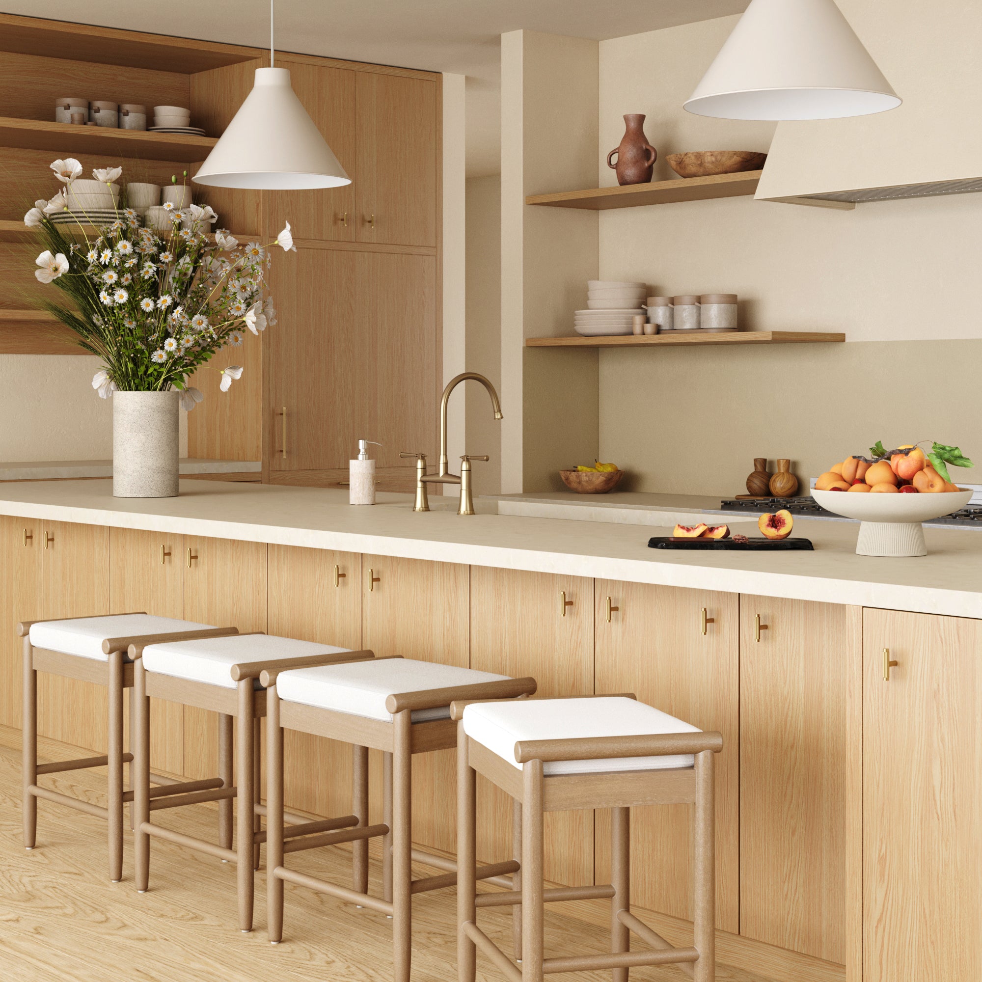 Backless Wooden Bar Stool with Boucle Upholstery - Thumbnail 3