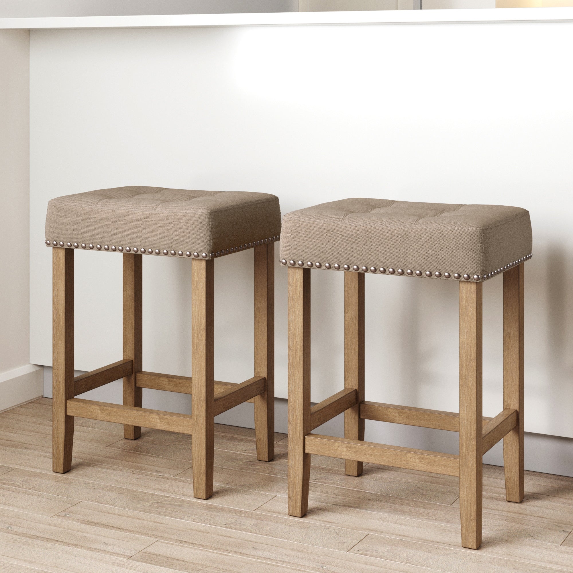 Set of 2 Tufted Wood Bar Stools Brown Flax