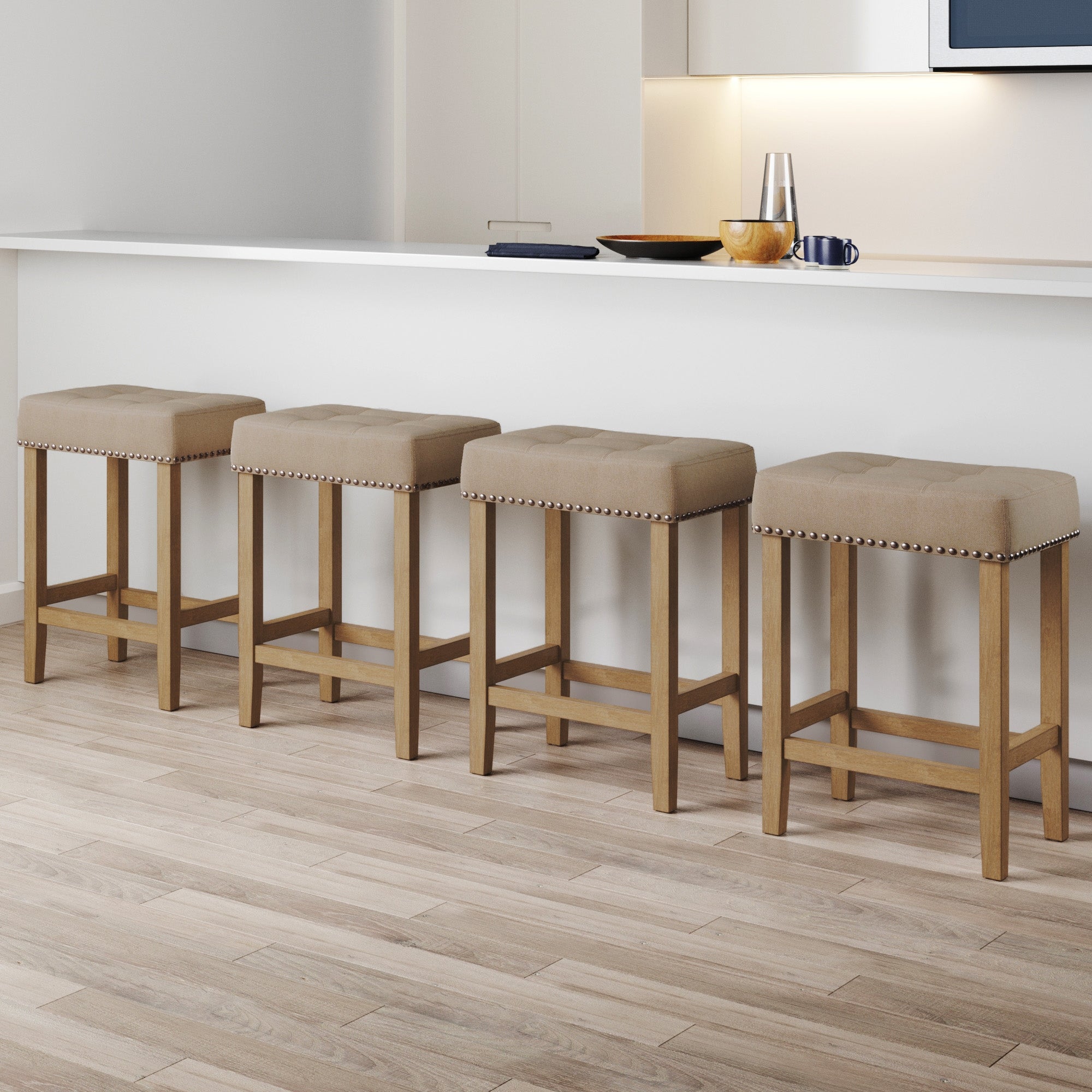 Set of 4 Tufted Wood Bar Stools Brown Flax