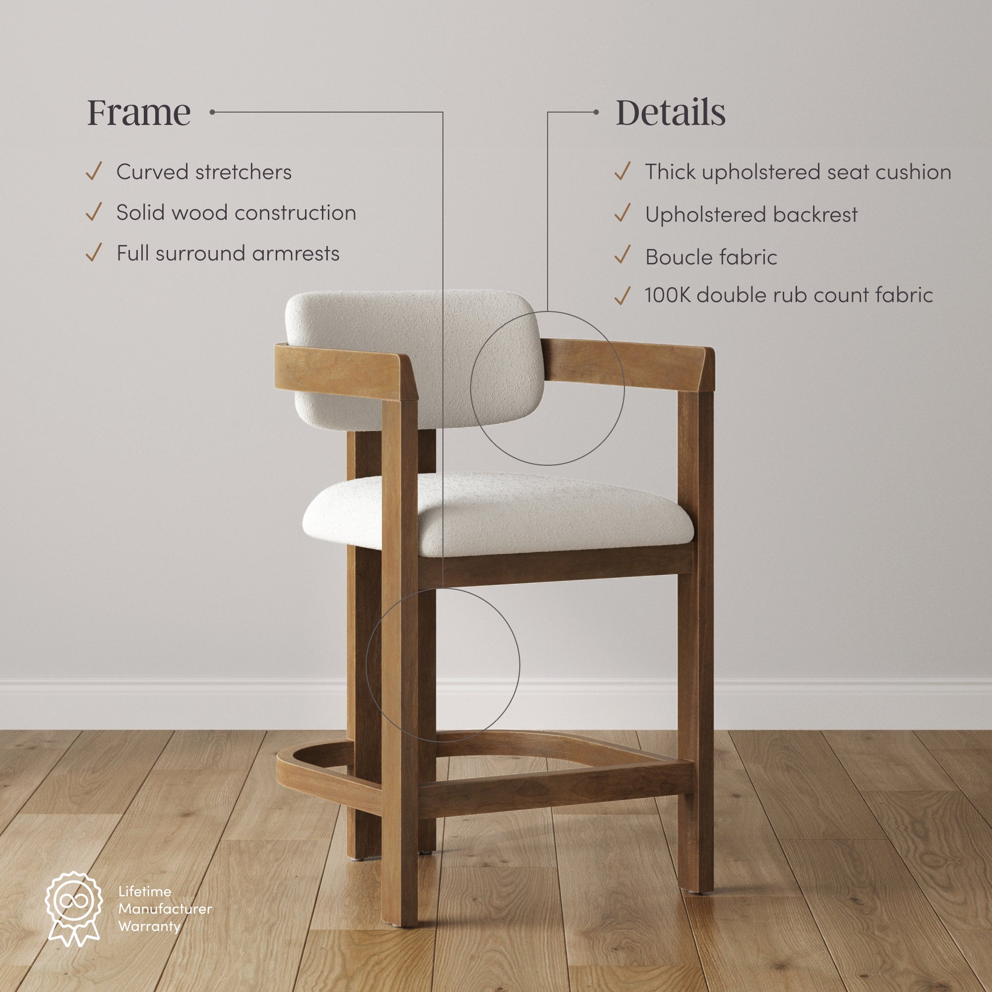 Boucle Bar Stool with Barrel Back and Arm Light Brown (Set of 4) - Nathan James