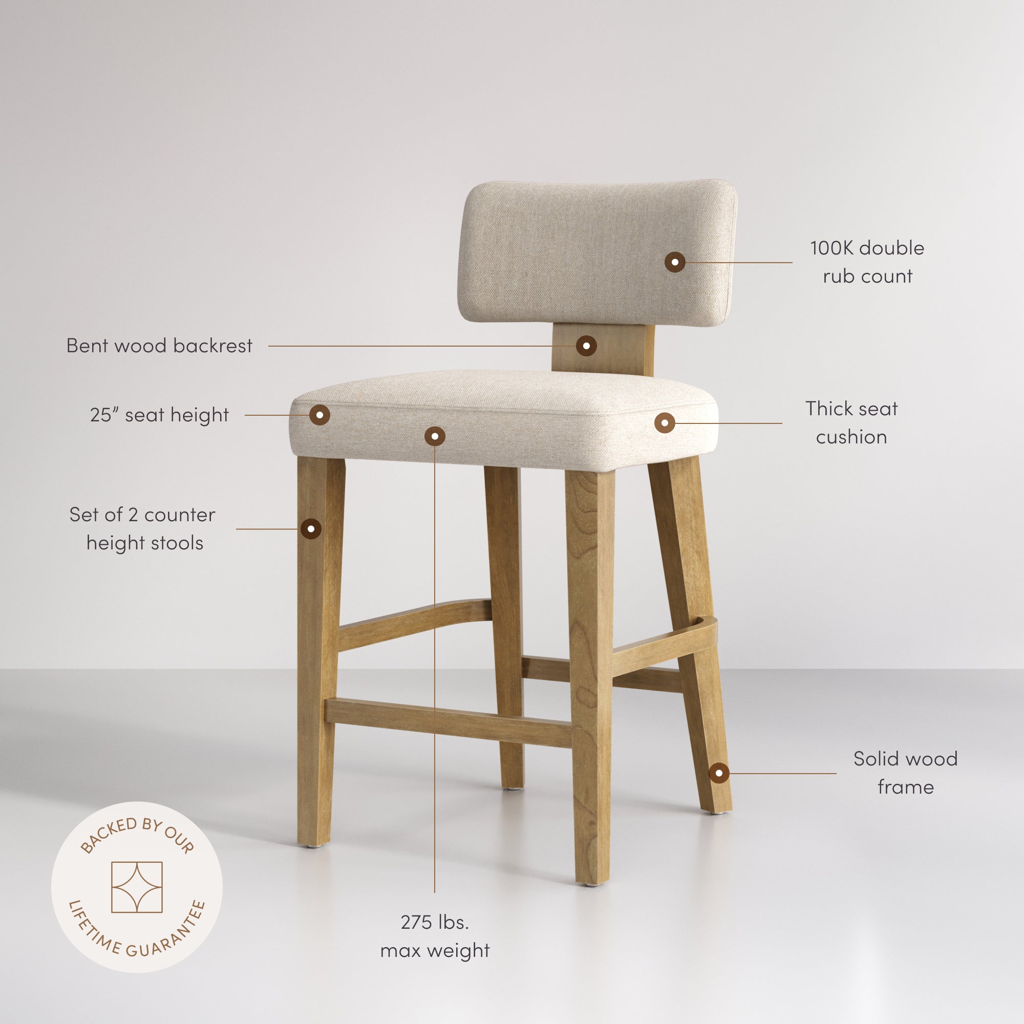 Modern Upholstered Stool with Bent Wood Back Flax/Light Brown (Set of 4) - Nathan James