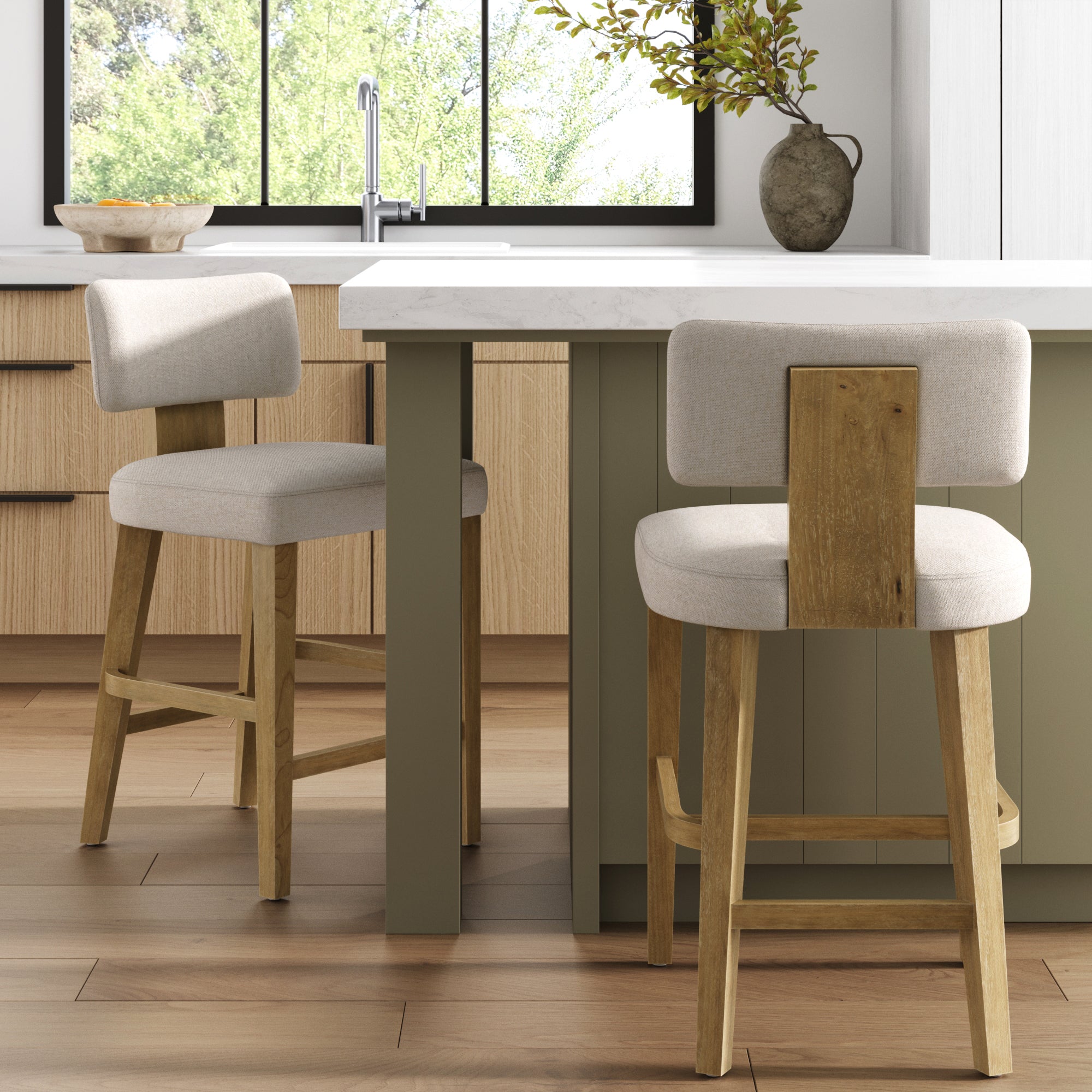 Modern Upholstered Stool with Bent Wood Back Flax/Light Brown (Set of 2) - Nathan James